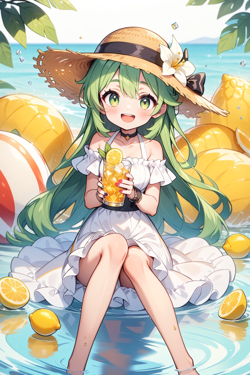 1girl,solo,hat,white flower,flower,long hair,lemon,holding,very long hair,smile,fruit,hair between eyes,dress,bangs,wrist cuffs,bare shoulders,lemon slice,:d,bow,green eyes,looking at viewer,white dress,food,sitting,water,blush,feet out of frame,knees up,polka dot,holding cup,open mouth,cup,frills,off shoulder,choker,green hair,hat bow,thigh strap,brown headwear,straw hat,collarbone,sun hat,nail polish,hat flower,off-shoulder dress,ice cube,frilled dress,black choker,yellow eyes,<lora:糖果森林_XL_LoRA_v1.1:1.3>,, masterpiece,best quality,very aesthetic,absurdres,