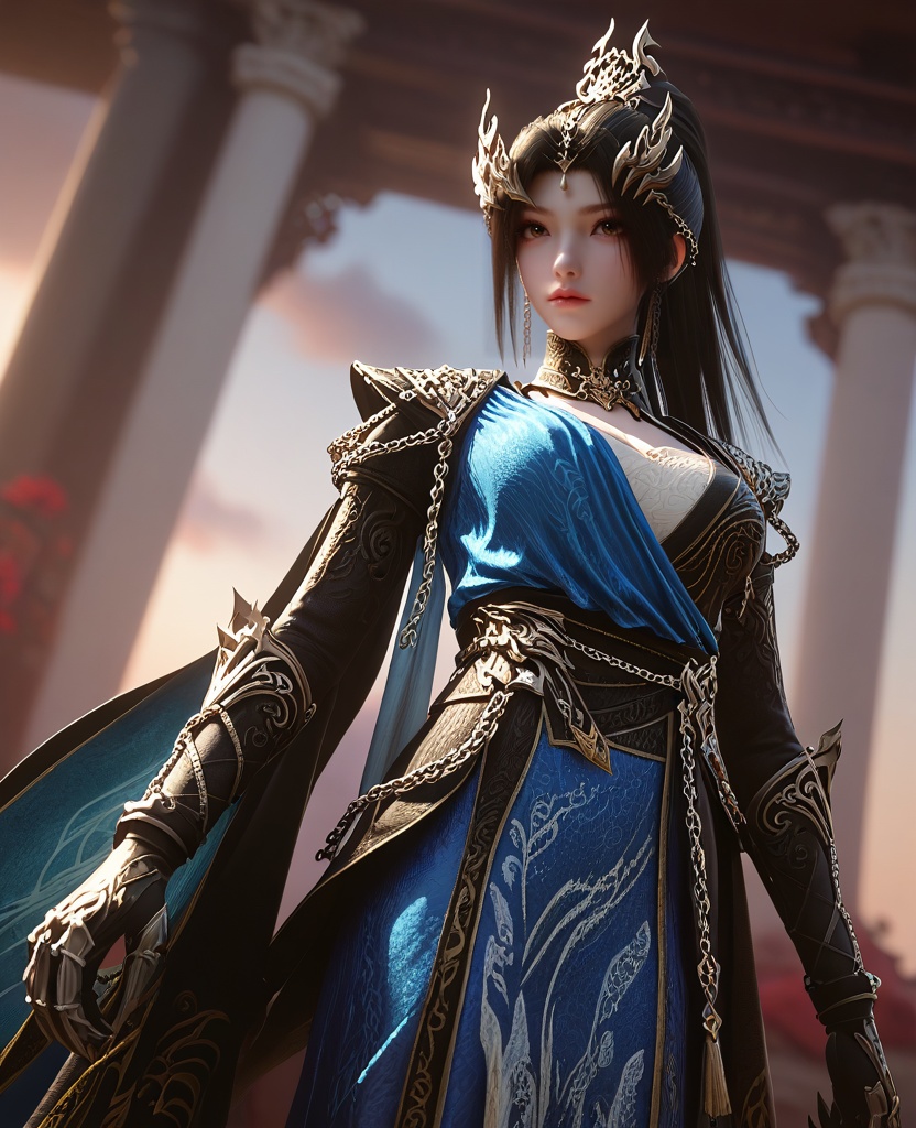 (oriental architecture, elegant decor, sophisticated style:1.1),(Body side-on, face to the camera,:1.1),Dutch angle,(large breasts:1.2),<lora:XL16云深不知梦羲和融合玄凤:0.95>,miss xihe,black wrap coat with blue overdress,shoulder armor,brown eyes,black hair,very long hair,ponytail,hair ornament,jewelry,chain ornament,gauntlets,sash,blue to white ombre base skirt,cape,, score_9,score_8_up,score_7_up,score_6_up,score_5_up,score_4_up,3d rendering,tag1,tag2, Cinematic Lighting,backlighting,