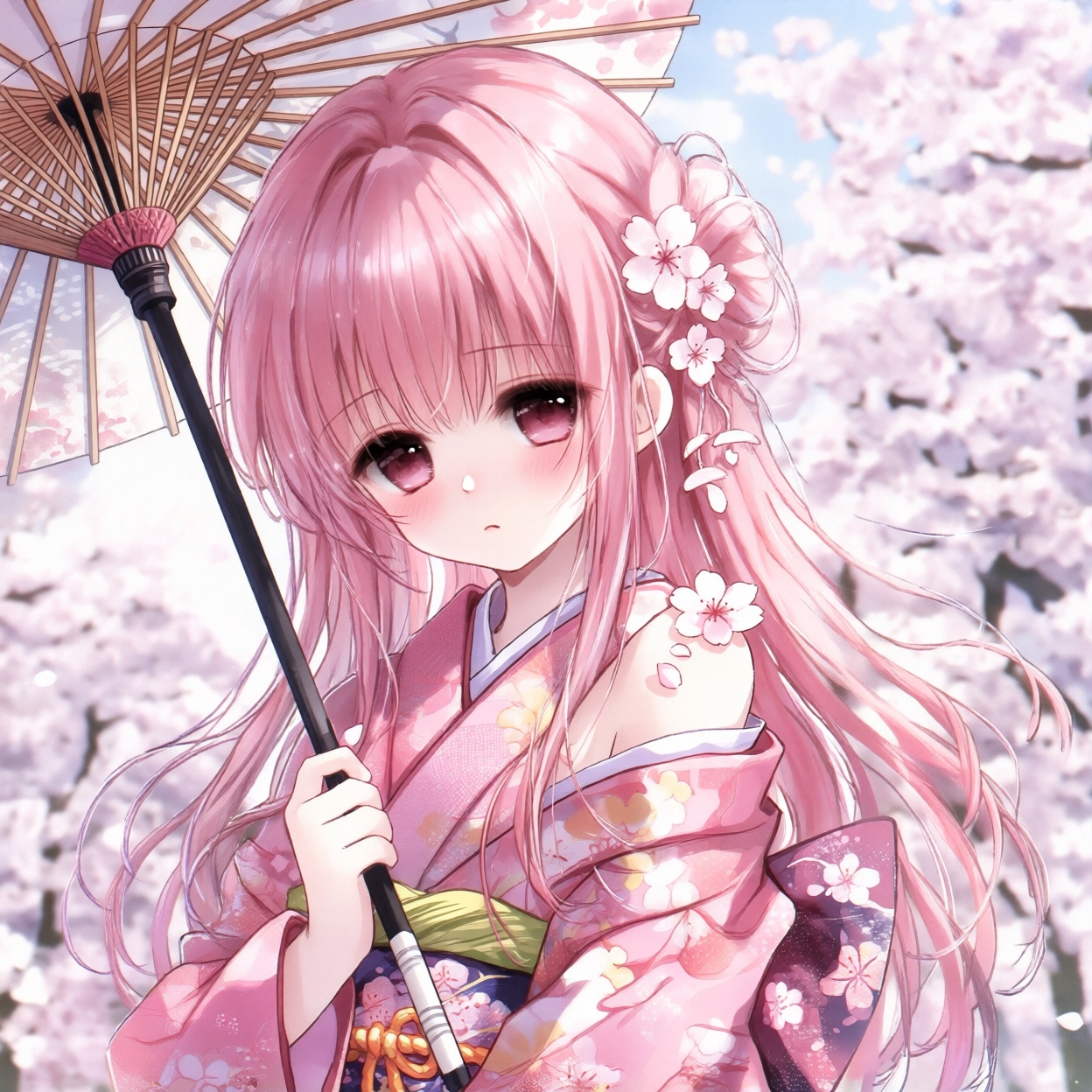 A gentle girl with long pink hair wears a modernized pink kimono with floral patterns. She holds a traditional oil-paper u...