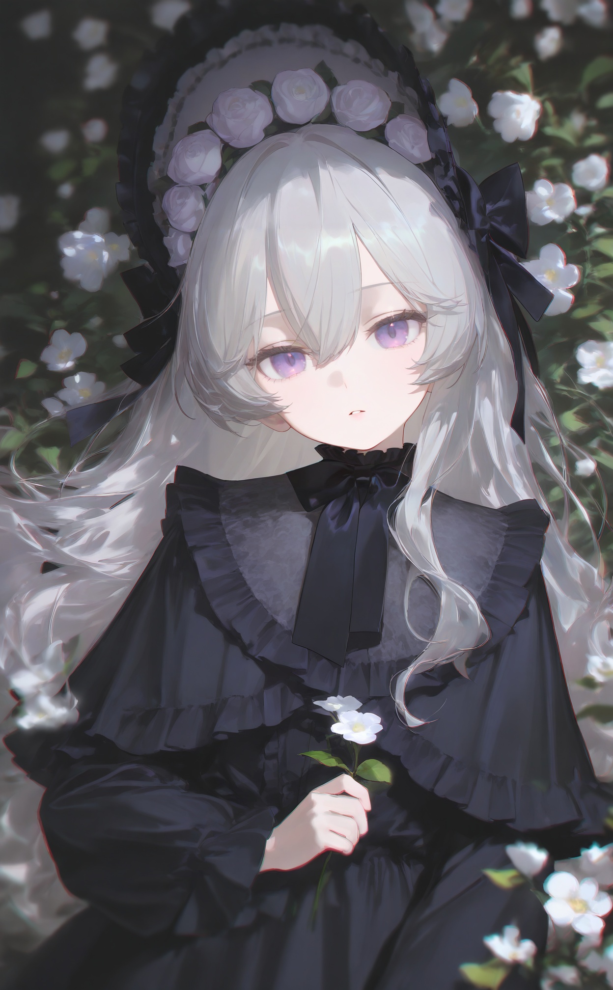 masterpiece,highres,absurdres,newest,best quality,high quality,loli,petite,chromatic_aberration,//,1girl,flower,solo,bow,long_hair,hair_bow,black_bow,purple_eyes,looking_at_viewer,holding,frills,hair_between_eyes,dress,holding_flower,upper_body,capelet,white_flower,frilled_bow,plant,black_dress,frilled_capelet,parted_lips,black_capelet,bowtie,head_tilt,grey_hair,black_bowtie,expressionless,vines,long_sleeves,frilled_dress,bouquet,leaf,lolita_fashion,//,<lora:nyalia4——【noob】hans:1>,