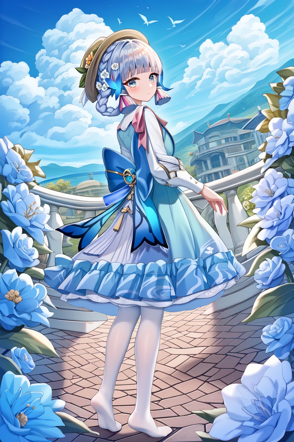 score_9,score_8_up,score_7_up,score_6_up,score_5_up,score_4_up,source_anime,source_cartoon,<lora:kamisato ayakaTponyXL-000008:1>,kamisato ayaka \(springbloom missive\) \(genshin impact\),kamisato ayaka,1girl,flower,white pantyhose,solo,pantyhose,blue dress,grey hair,puffy long sleeves,hair ornament,grey eyes,hat,hair flower,blue bow,sky,outdoors,soles,no shoes,looking at viewer,cloud,blue flower,butterfly hair ornament,full body,blue sky,blunt tresses,looking back,feet,mole under eye,closed mouth,blunt bangs,brown headwear,braid,from behind,hat flower,standing,