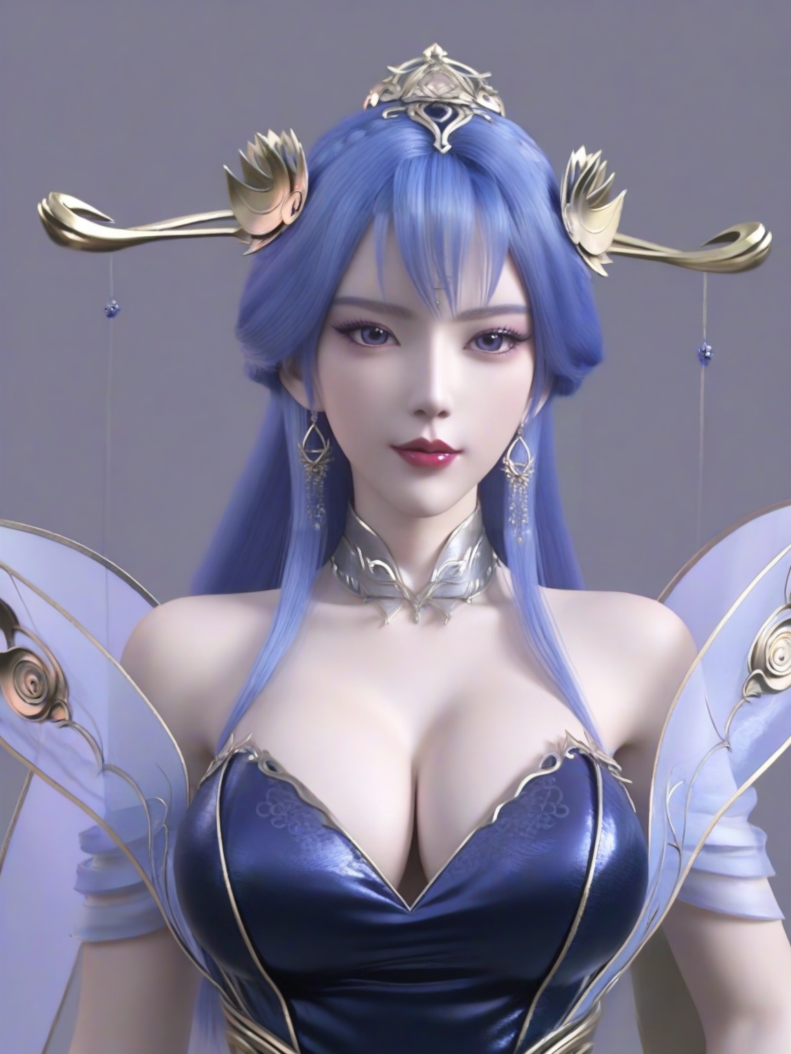 score_9,1girl,solo,dress,long hair,standing,earrings,hair ornament,blue hair, eyelashes, large breasts,bare shoulders,standing,lipstick,upper body,looking at viewer,simple background,<lora:SF_TianQiong_Pony_Realism2.3-000004:0.7>,