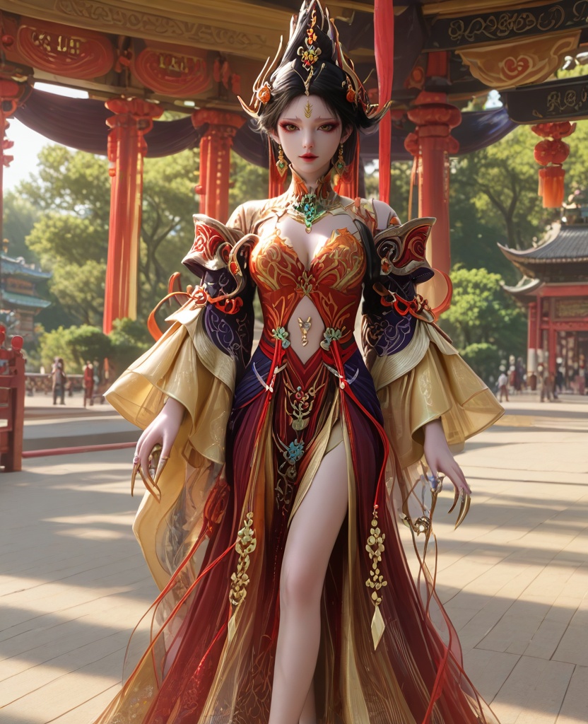 (oriental architecture, elegant decor, sophisticated style:1.1),(walking,catwalk,the runway,fashion show:1.1),(breasts:1.2),<lora:永劫无间南宫锦五丰太岁:0.95>,miss nangongjin,orange red corset dress with plum,yellow eyes,eyeshadow,forehead mark,black hair,traditional chinese updo with long front strands,hair ornament,earrings,jewelry,claw ring,wide flowing sleeves,cleavage,, score_9,score_8_up,score_7_up,score_6_up,score_5_up,score_4_up,3d rendering,tag1,tag2, Cinematic Lighting,backlighting,