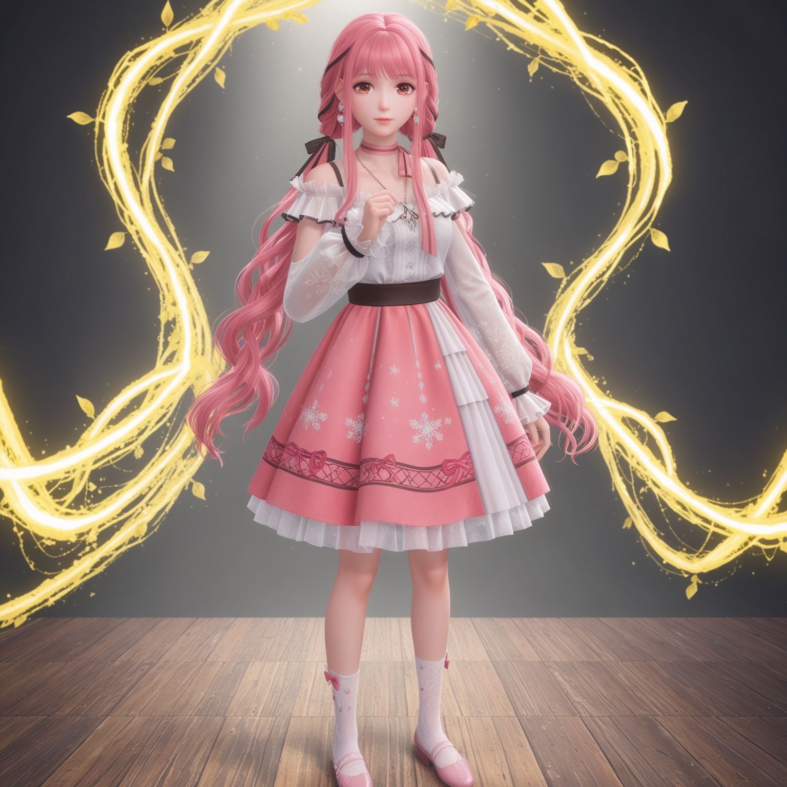 <lora:YQponynuannuanV4:0.8>,q1528437228,solo,1girl,long_hair,pink_hair,dress,ribbon,bangs,long_sleeves,hair_ribbon,pink_skirt,jewelry,twintails,brown_eyes,necklace,skirt,choker,pink_eyes,braid,virtual_youtuber,socks,white_shirt,black_ribbon,sidelocks,shirt,floral_print,pink_footwear,shoes,pink_dress,frills,very_long_hair,white_socks,bow,ponytail,pink_ribbon,bag,hair_ornament,bare_shoulders,low_twintails,earrings,hair_bow,BREAK score_9,upper_body,portrait,shiny_skin,looking at viewer,cinematic lighting,volumetric lighting,solo focus,(huge breasts:0.9),(simple background,pure black background,black background:1.1),