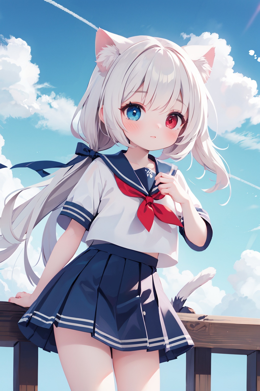 1girl,(heterochromia:1.4),(red eyes:1.4),(blue eyes:1.4),very long hair,cat ears clouds,blue sailor collar,blue skirt,blue sky,blush,red bow,closed mouth,cloud,cloudy sky,condensation trail,day,