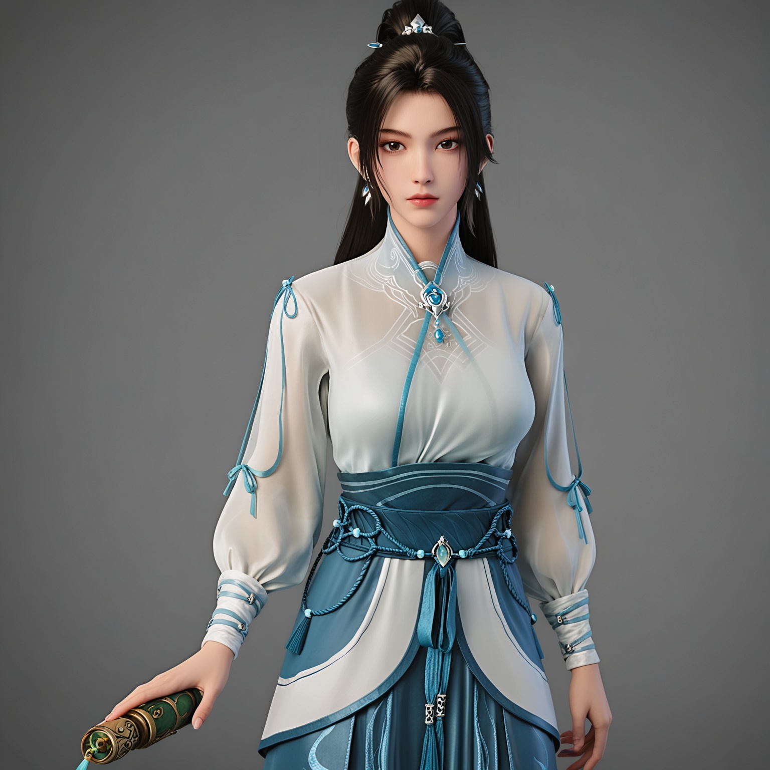 <lora:YQpony_BX_ningyaoV4:0.8>,q1528437228,solo,1girl,long_hair,black_hair,jewelry,earrings,chinese_clothes,ponytail,dress,long_sleeves,realistic,sash,brown_eyes,brown_hair,hair_ornament,white_dress,hair_tie,see-through,hair_bun,pants,see-through_sleeves,ribbon,boots,breasts,tassel,gem,puffy_long_sleeves,sheathed,blue_dress,skirt,shirt,white_shirt,china_dress,black_footwear,puffy_sleeves,single_hair_bun,tassel_earrings,black_eyes,bracelet,long_skirt,makeup,BREAK score_9,upper_body,portrait,shiny_skin,(looking at viewer:1.1),cinematic lighting,volumetric lighting,solo focus,(huge breasts:0.9),(simple background,pure black background,black background:1.1),