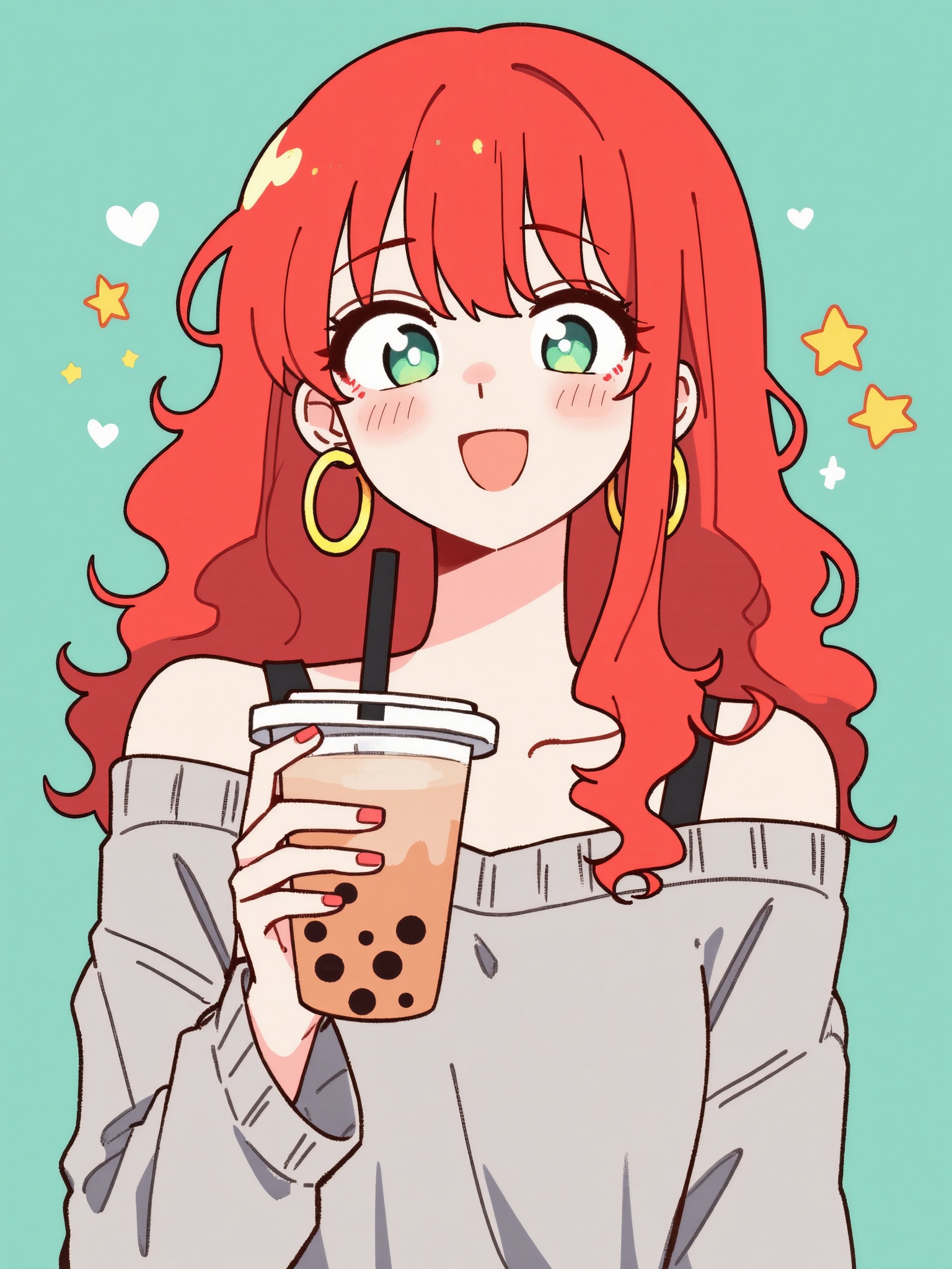 <lora:动漫头122:0.8>,anime style,s a red-haired female with green eyes and pink blush   drinking bubble tea. She is facing the center of the frame and looking to the left. She is a young woman with a slim figure   wearing a gray off-the-shoulder top. Her hair is curly   with a red color that reaches below her shoulders. She wears yellow circular earrings   and her expression looks very happy. The background is a light blue-green with some small stars and heart shapes   giving a relaxed and pleasant feeling.