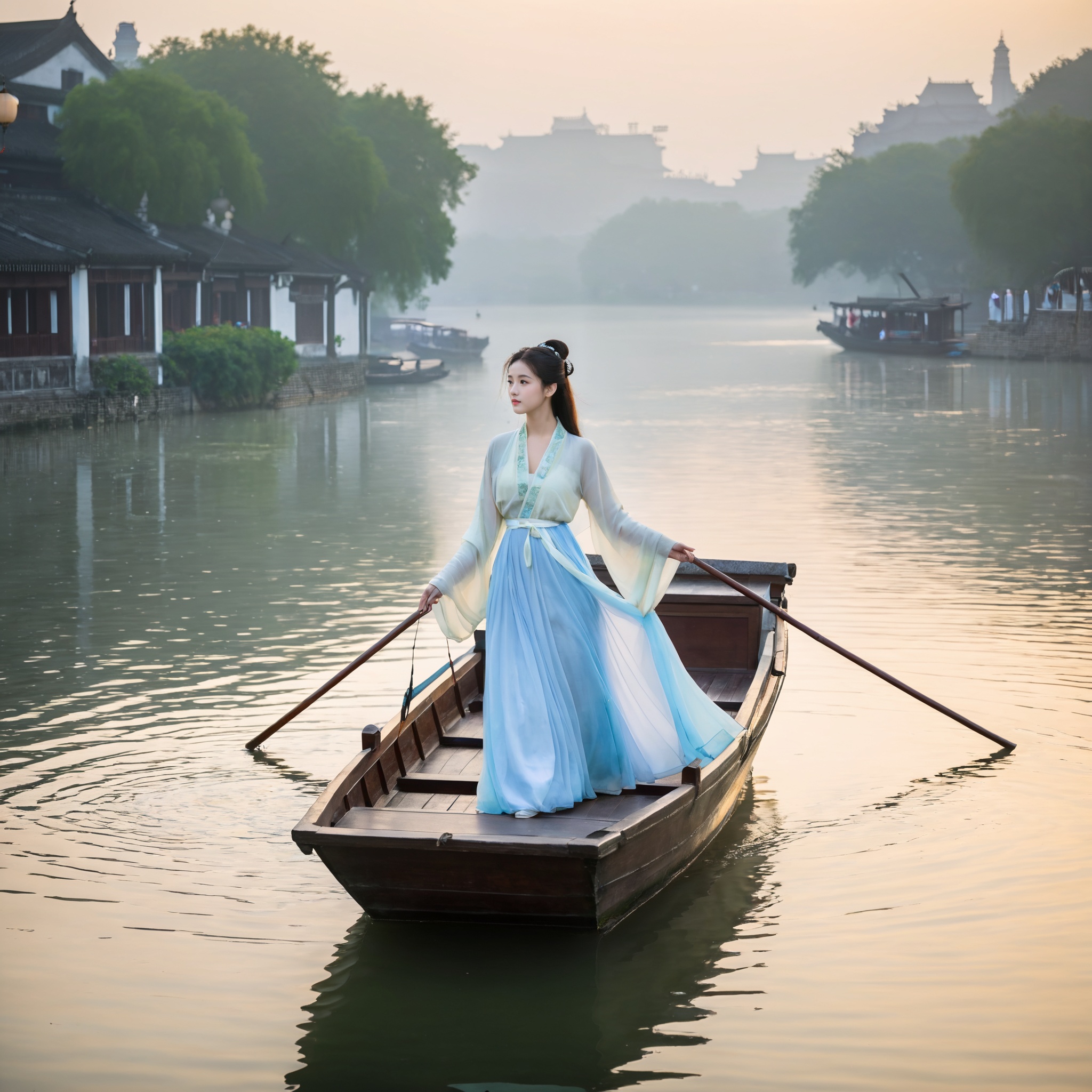 In the soft light of dawn, a young woman in a flowing hanfu rows a wooden boat through the misty waterways of Jiangnan. Her dress is a tapestry of soft blues and whites, mirroring the hues of the sky and water. The gentle rocking of the boat creates ripples that dance around her, catching the light as it filters through the early morning fog.
