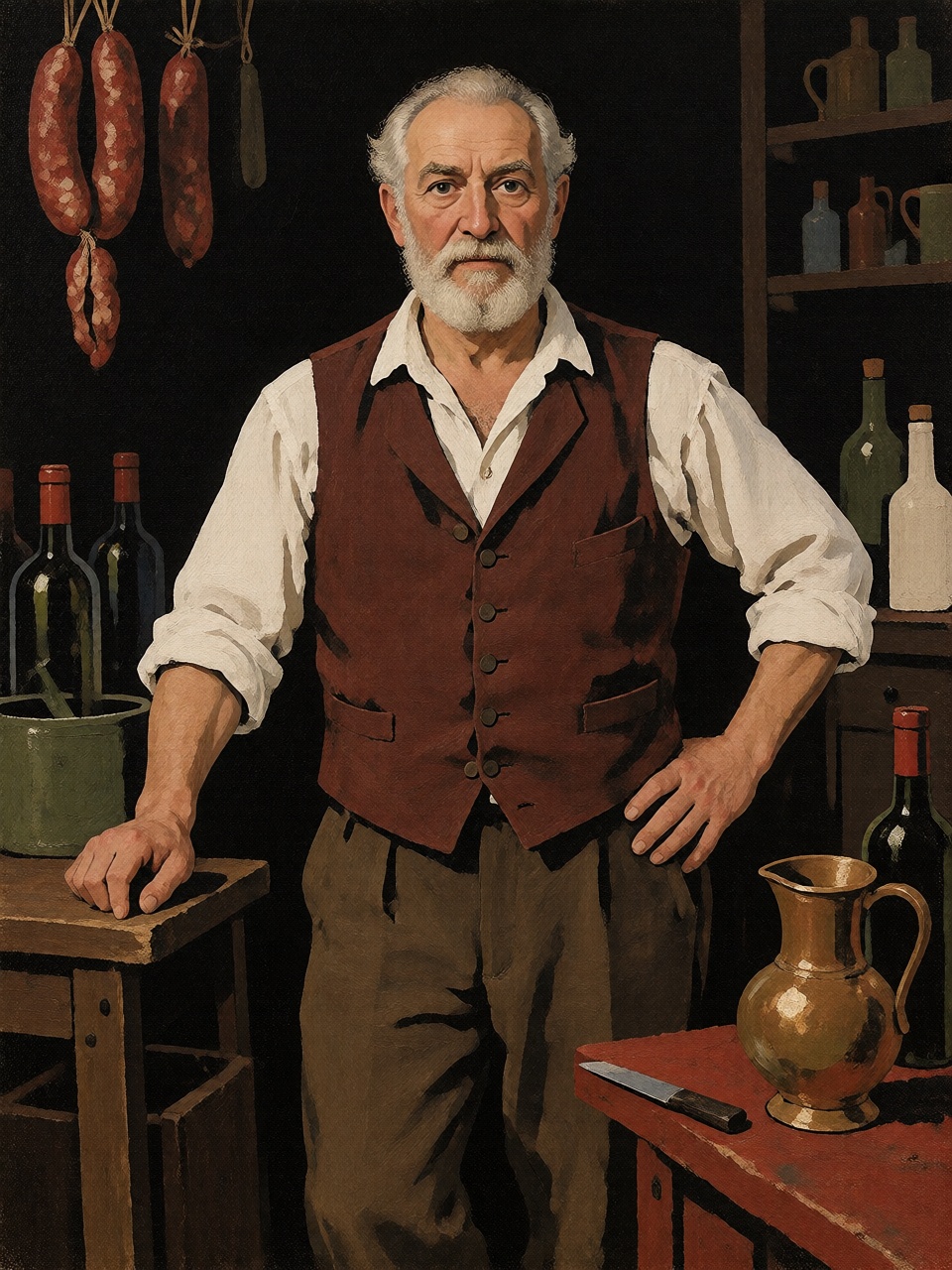 A Georgian tavern keeper standing proudly behind a wooden counter,  surrounded by bottles of red wine,  copper pitchers an...