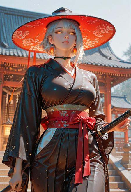 very detailed, flat color, no lineart, Vibrant Contrast, gradient colors, particle effect, (fine fabric emphasis:1.2), (((masterpiece, amazing quality, best quality, ultra-detailed, 8K, illustration, amazing quality, newest, absurdres, realistic))), highres, very aesthetic, absurd res, hi res, very awa, dynamic front view, refined, volumetric lighting, cinematic lighting, blurry background, close up vivid colors, ((source_realistic:1.6)), hyper detailed, yusuke_murata_style, a highly detailed, digital art illustration in a semi-realistic anime style. The central figure is a young woman with light olive skin and dark, shoulder-length hair styled in a messy bob. She is wearing a traditional Japanese outfit that includes a wide-brimmed hat with a ribbon tied around it, and a black kimono-like top that exposes her midriff. Her attire is accessorized with a red ribbon tied around her neck and a pair of large, glowing amber earrings. She holds a traditional Japanese katana in her right hand.The background features a large, mystical white tiger with piercing orange eyes, which is partially obscured by a misty, ethereal atmosphere. The tiger's presence suggests a supernatural or otherworldly element. The scene is set against a backdrop of an ancient, multi-tiered stone building with intricate carvings, enhancing the mystical ambiance. The color palette is predominantly muted with shades of grey, black, and soft white, contrasted by the vibrant glow of the woman's