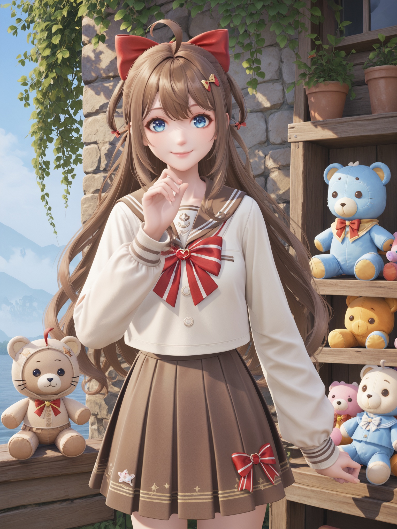 score_10,score_9,score_8_up,score_7_up,1girl,blue eyes,bow,solo,virtual youtuber,hair bow,ahoge,long hair,stuffed toy,stuffed animal,red bow,hair ornament,smile,looking at viewer,skirt,sailor collar,bangs,long sleeves,hair between eyes,brown hair,brown skirt,holding,outdoors,closed mouth,