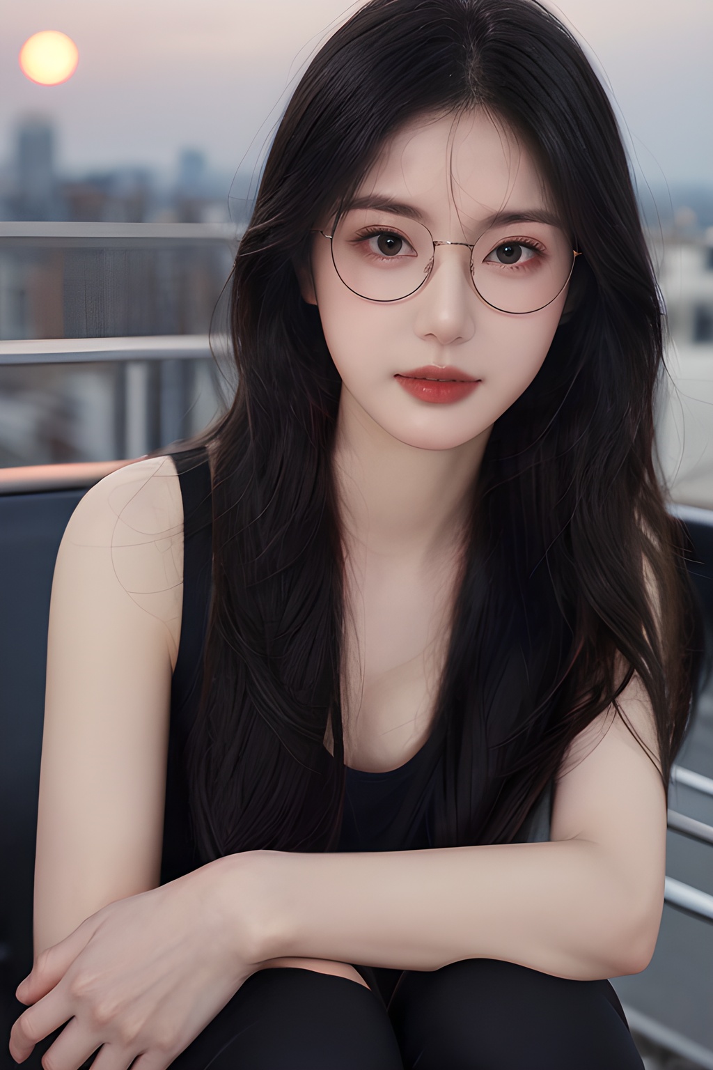 1girl,(simple background:1.2), <lora:0804_08:0.7>,<lora:SDXLrender_v2.0:0.6>, (medium breasts:0.8), Frontal photography,Look front,evening,dark clouds,the setting sun,On the city rooftop,A 20 year old female,Black top,Black Leggings,black hair,long hair, dark theme, muted tones, pastel colors, high contrast, (natural skin texture, A dim light, high clarity) ((sky background))((Facial highlights)),