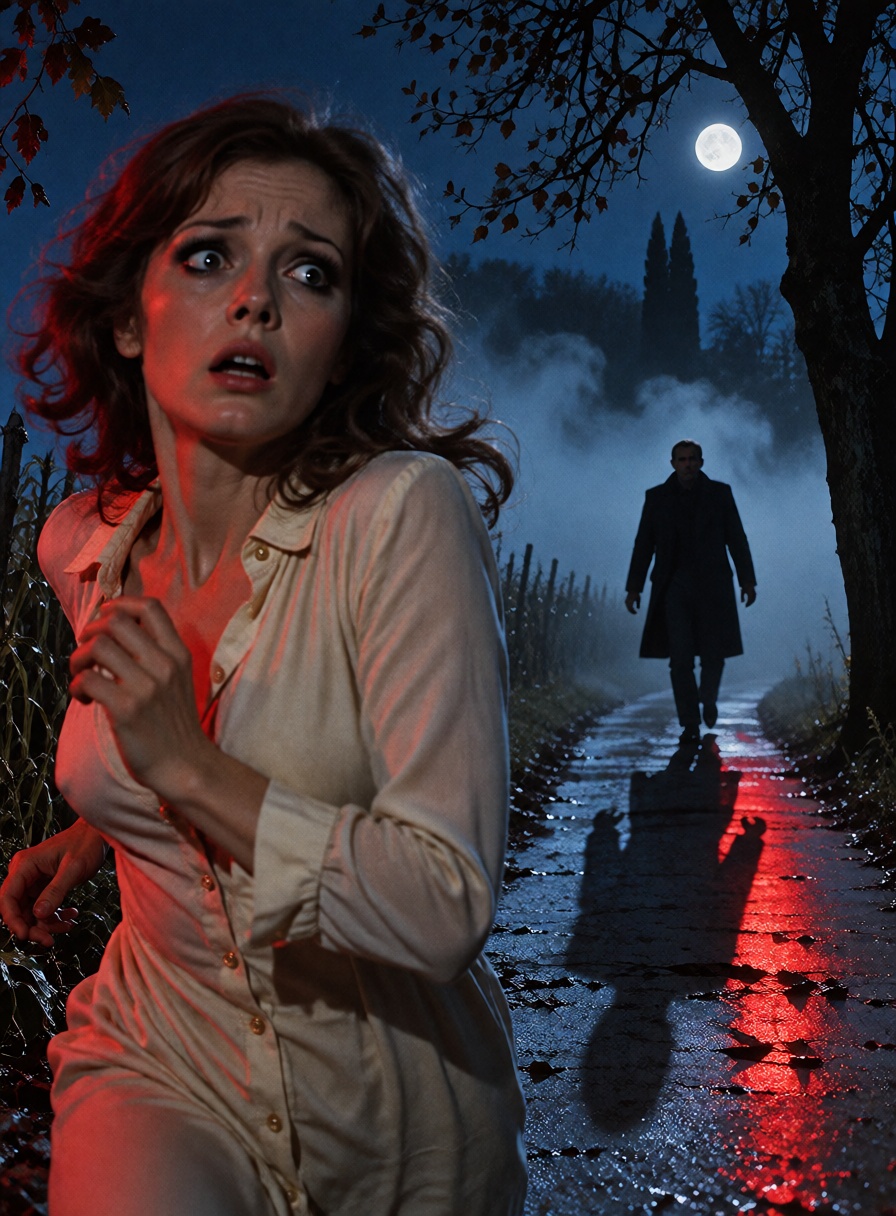 a terrified ***** woman running through a dark rural road at night,  being watched by a distant shadowy figure,  italian g...