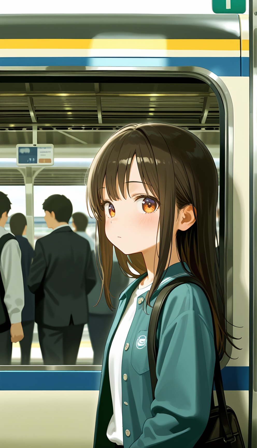 1girl,train train station,crowd,depth of field,upper body,best quality,detail eyes,film,, best quality,amazing quality,very aesthetic,absurdres,masterpiece,