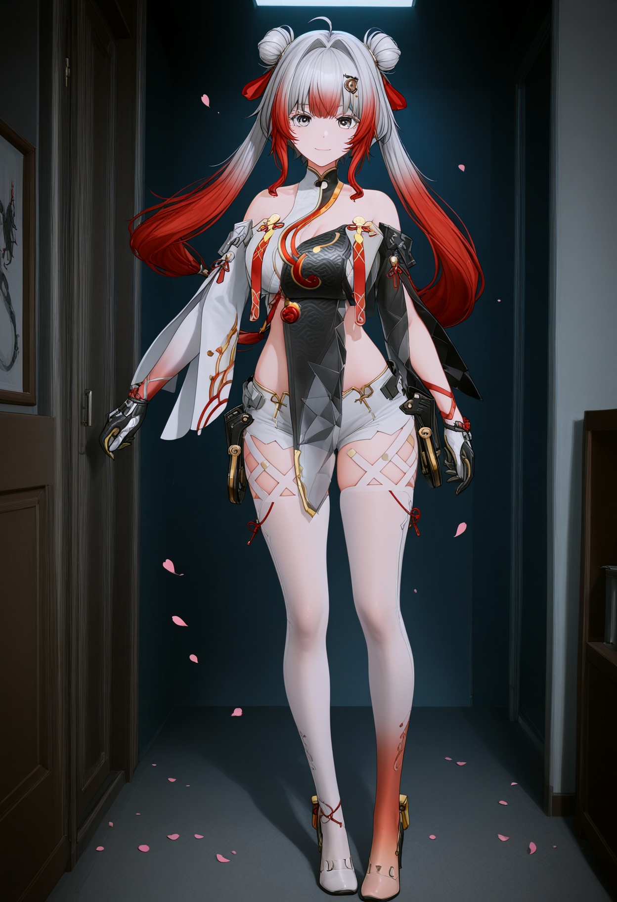 (standing full_body:1.1),looking at viewer:1.1,masterpiece,(best quality),(mutated_hands:-1.2),(bad hands:-1.2),smog,Dark room,dim lighting,peach blossom,falling petals,<lora:YQ_Illustrious光辉二次元v1_卜卜_V1:0.8>,q1528437228,1girl,solo,red hair,multicolored hair,grey hair,long hair,hair ornament,gradient hair,hair bun,double bun,chinese clothes,twintails,grey eyes,dress,detached sleeves,gloves,hair intakes,thighhighs,white pantyhose,white thighhighs,shorts,high heels,two-tone hair,pelvic curtain,thighs,white shorts,