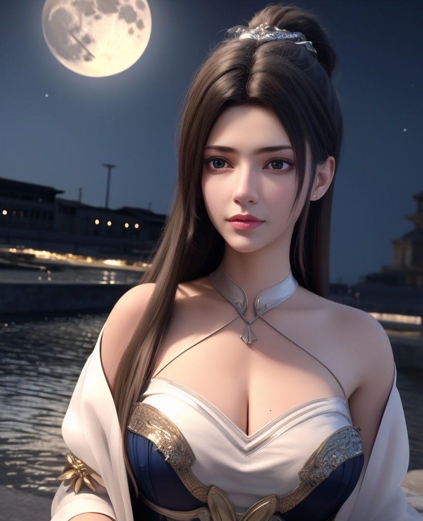 <lora:584-DA-星辰变-白灵:0.8>(,1girl, ,best quality, ),looking at viewer,masterpiece, (( , )),, realistic,science fiction,mole, ultra realistic 8k cg, full moon, (cleavage), (),
