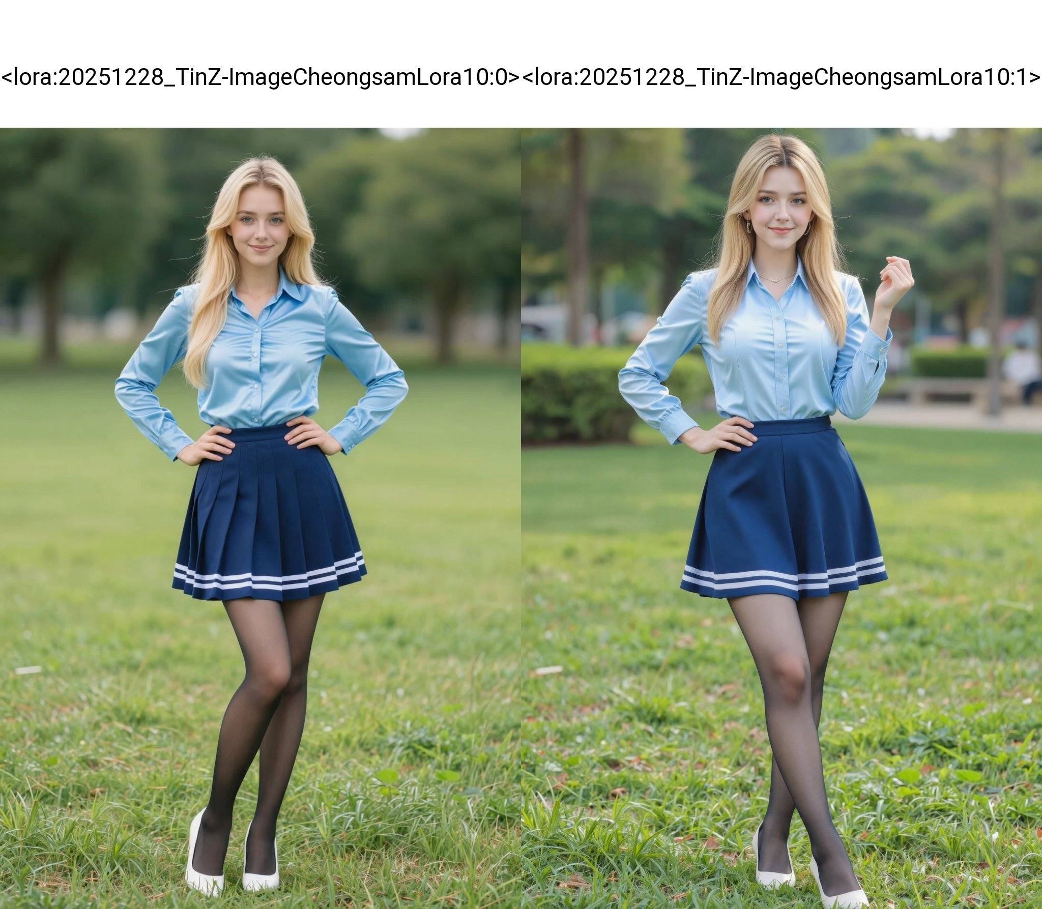 A full-body photo of a young woman standing confidently on the grass in a park. She has fair skin, blue eyes, long, straight blonde hair, delicate features, a gentle smile, and warm, captivating eyes. She wears a light blue long-sleeved satin blouse, elegantly tucked into a navy blue pleated skirt. Two white stripes adorn the hem of the skirt, reminiscent of a school uniform. She wears black sheer stockings and white high heels. Her pose is casual and natural, one hand on her hip, the other slightly raised, hinting at a playful or alluring charm. <lora:20251228_TinZ-ImageCheongsamLora10:0>
