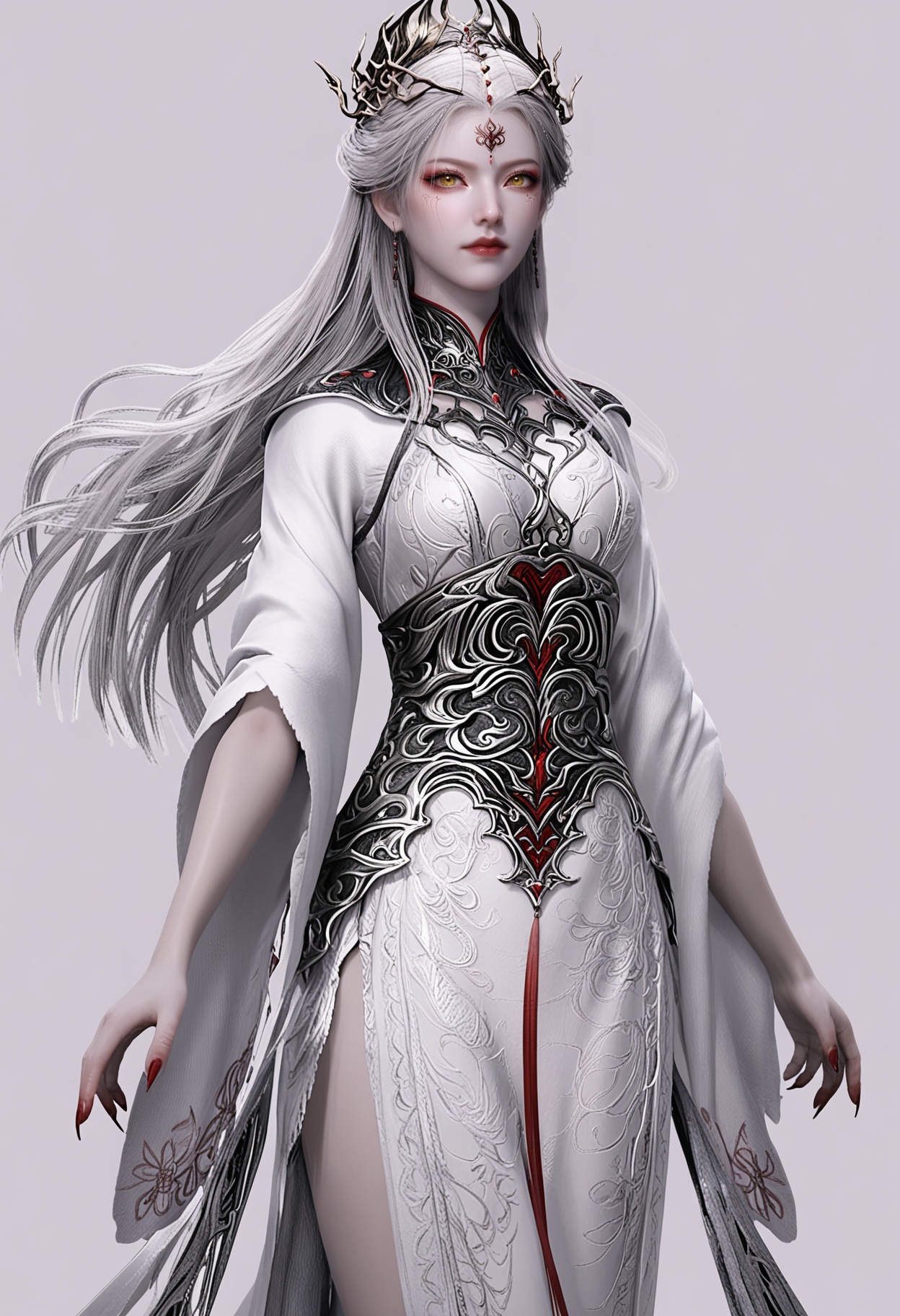 score_9,high detail,best quality,shiny skin,shiny,asxieshen,1girl,solo,yellow eyes,long hair,white hair,white background,realistic,closed mouth,jewelry,dress,hair ornament,earrings,simple background,facial mark,forehead mark,white dress,makeup,wide sleeves,red lips,looking at viewer,thighs,<lora:QQSponyasxieshenV1:0.8>,<lora:Pony_DetailV2.0:0.8>,<lora:皮肤凹痕:0.1>,
