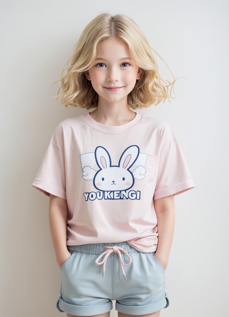 a little girl,T shirts,shorts,white background,simple background, with the words "YOUKENGI" on T shirts,simple cartoon rabbit  pattern on pink T shirts,model fashion girl,soft light,European,blonde hair,smiling,hands in pant pocket