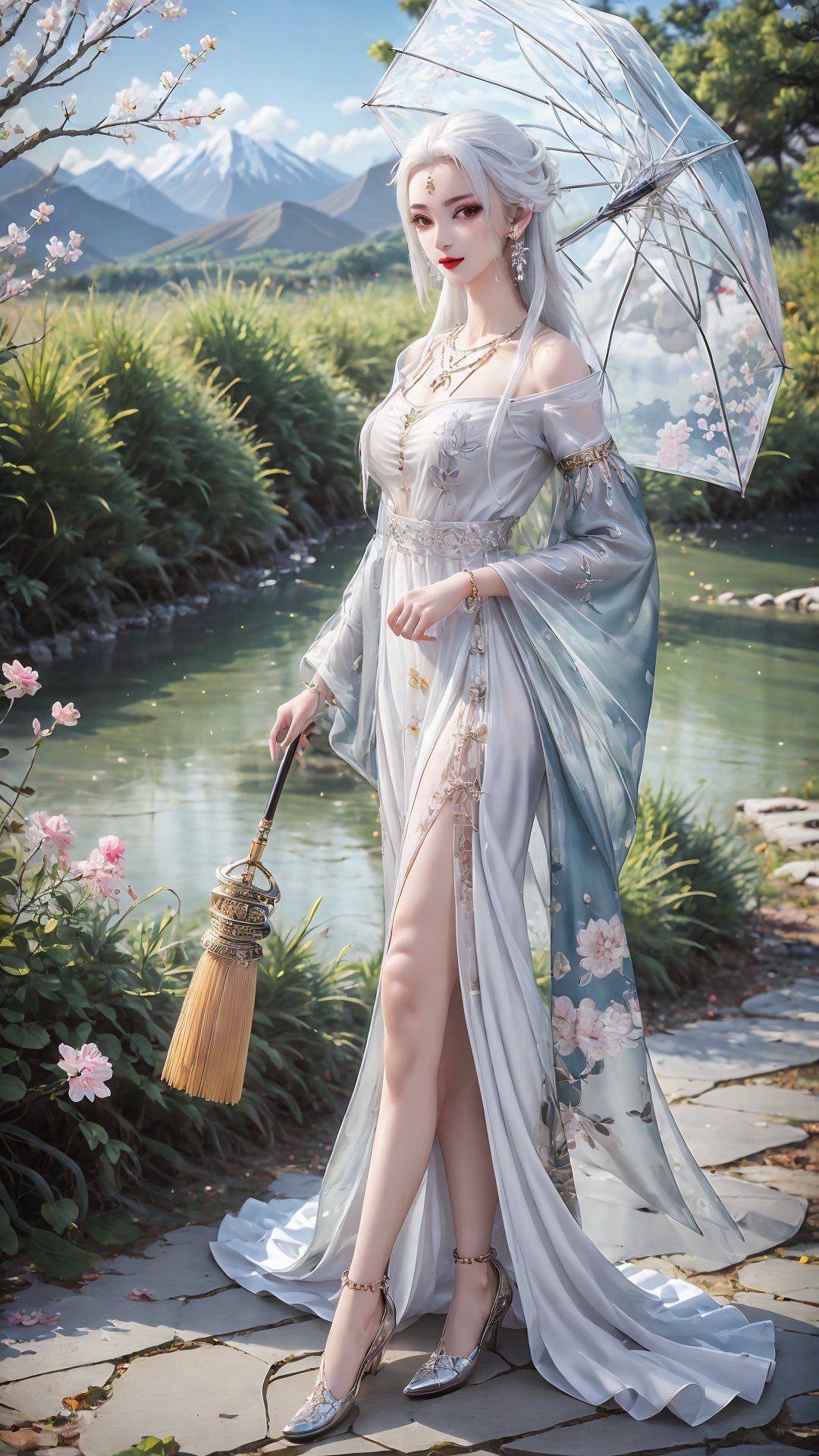 1girl,umbrella,solo,dress,white dress,holding umbrella,jewelry,long hair,holding,outdoors,chinese clothes,mountain,earrings,necklace,long sleeves,white hair,<lora:girl miaojiangxiaobai_20240912173536:0.7>,