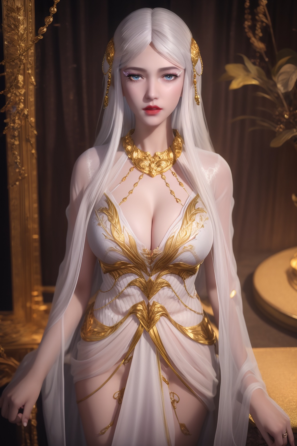 ltra realistic 8k cg, flawless, clean, masterpiece, professional artwork, famous artwork,cinematic lighting, cinematic bloom, perfect face, beautiful face,shenfengBaiLong,1girl, solo,red lips,jewelry,torogao, dress,white dress,bangs,circlet,eyelashes,eyeshadow,gem,standing, long hair, white hair,gold chain,makeup,necklace,looking at viewer,hair ornament,breasts,large breasts,cleavage,hiqcgbody,<lora:shenfengBaiLong_20231217162206-000004:0.7>,