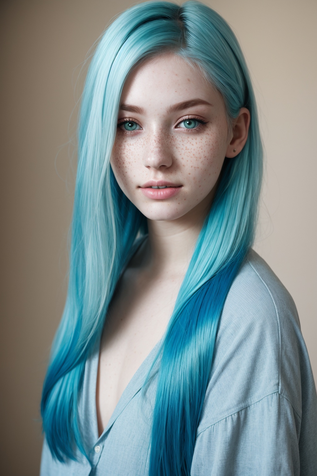 Photo of a young woman with cyan hair,  natural-looking,  yellow eyeshadow on Tensor.Art