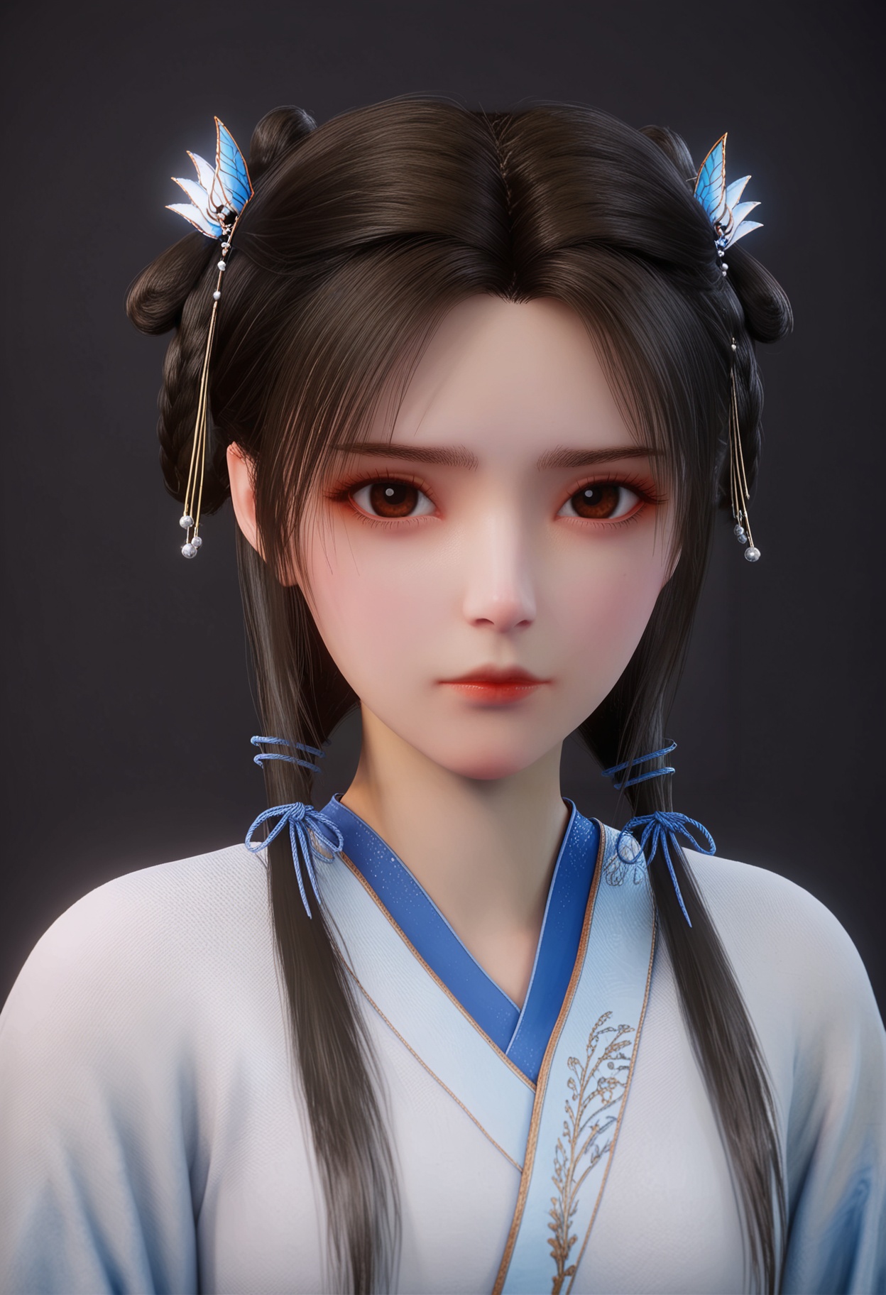 score_9,looking_at_viewer,upper body,(large breasts:0.8),1girl,black hair,hair ornament,realistic,chinese clothes,brown eyes,long hair,closed mouth,hair rings,hair ribbon,ribbon,twintails,red lips,hanfu,dress,long sleeves,eyelashes,braid,(simple background,pure black background,black background:1.1),perfect_anatomy,<lora:QQSponyzhouruV1:0.8>,