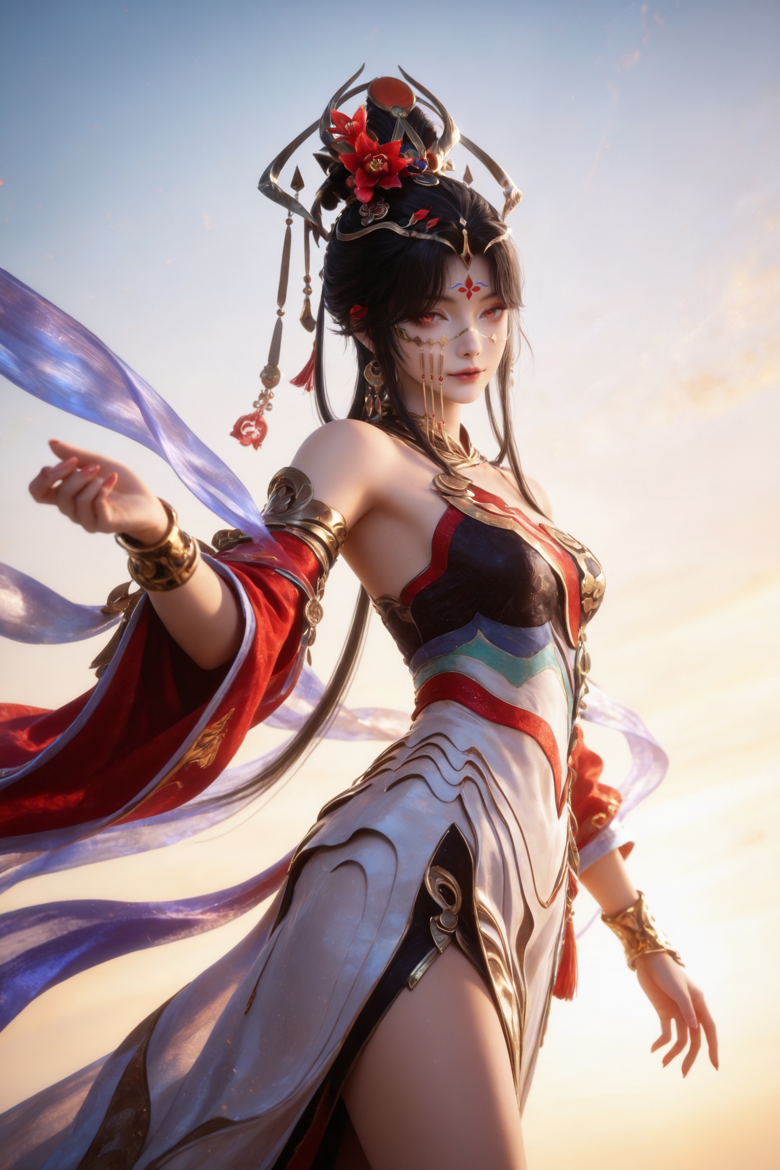 <lora:王者-貂蝉-马年限定IL:0.7> 1girl, black hair, hair ornament, jewelry, long hair, forehead mark, bare shoulders, red eyes, dress, chinese clothes, detached sleeves, hair rings,bare legs,barefoot,, realistic style photo,outstanding style,Use soft lighting to cast gentle shadows on the subject,adding a touch of dimension to your images without compromising details,whirls of vapor,(Anime:1.1),soft neon light,ethereal ambiance,delicate details,magical atmosphere,concept art,highly detailed,ultra-high resolution,32K UHD,sharp focus,best-quality,masterpiece,golden hour,unconventional supreme masterpiece,masterful details,temperate atmosphere,with a high-end texture,in the style of fashion photography,magazine style,Dynamic Angle,Dynamic posture,magazine style,Dynamic Angle,Dynamic posture,(cowboy_shot:1.2),eye trail,depth of field,cinematic lighting,lens flare,close-up,extreme aesthetic,(wlop:0.6),(honjou raita,lack,rella,wanke:0.5),masterpiece,best quality,good quality,newest,year 2025,very aesthetic,absurdres,Visual impact,A shot with tension,ultra-high resolution,32K UHD,sharp focus,best-quality,masterpiece,Emotionalization,unconventional supreme masterpiece,masterful details,temperate atmosphere,with a high-end texture,in the style of fashion photography,(Visual impact:1.2),giving the poster a dynamic and visually striking appearance,, realistic style,white background,upper body,looking at viewer,dynamic posture,