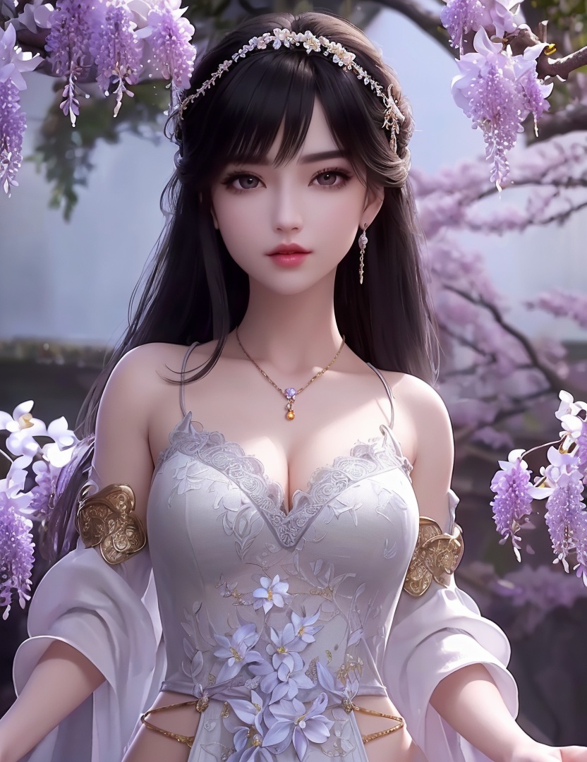 ultra realistic 8k cg, picture-perfect face, flawless, clean, masterpiece, professional artwork, famous artwork, cinematic lighting, cinematic bloom, perfect face, beautiful face, fantasy, dreamlike, unreal, science fiction,   lace, lace trim, lace-trimmed legwear,  (rich:1.4), prestige, luxury, jewelry, diamond, gold, pearl, gem, sapphire, ruby, emerald, intricate detail, delicate pattern, charming, alluring, seductive, erotic, enchanting, hair ornament, necklace, earrings, bracelet, armlet,halo((,1girl, pov,))(((1girl, jewelry, solo,breasts, looking_at_viewer,  outdoors,  full moon,  upper body, wisteria, chloris garden,  cherry blossoms, )))    <lora:DA_YueChanTeen:0.6>