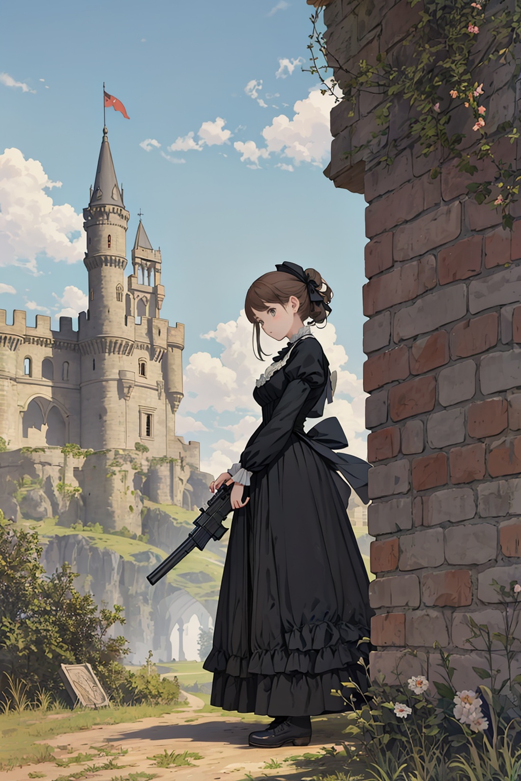 Illustration of a girl in Victorian dress holding a gun,  standing near a old castle on Tensor.Art