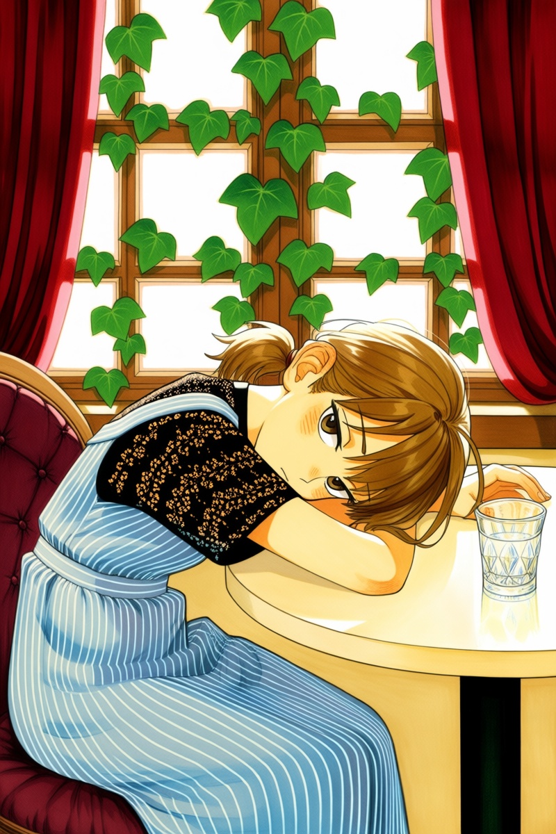 @nnsst,  A young woman with short brown hair tied in a loose ponytail sits at a small round table in a cozy indoor setting...