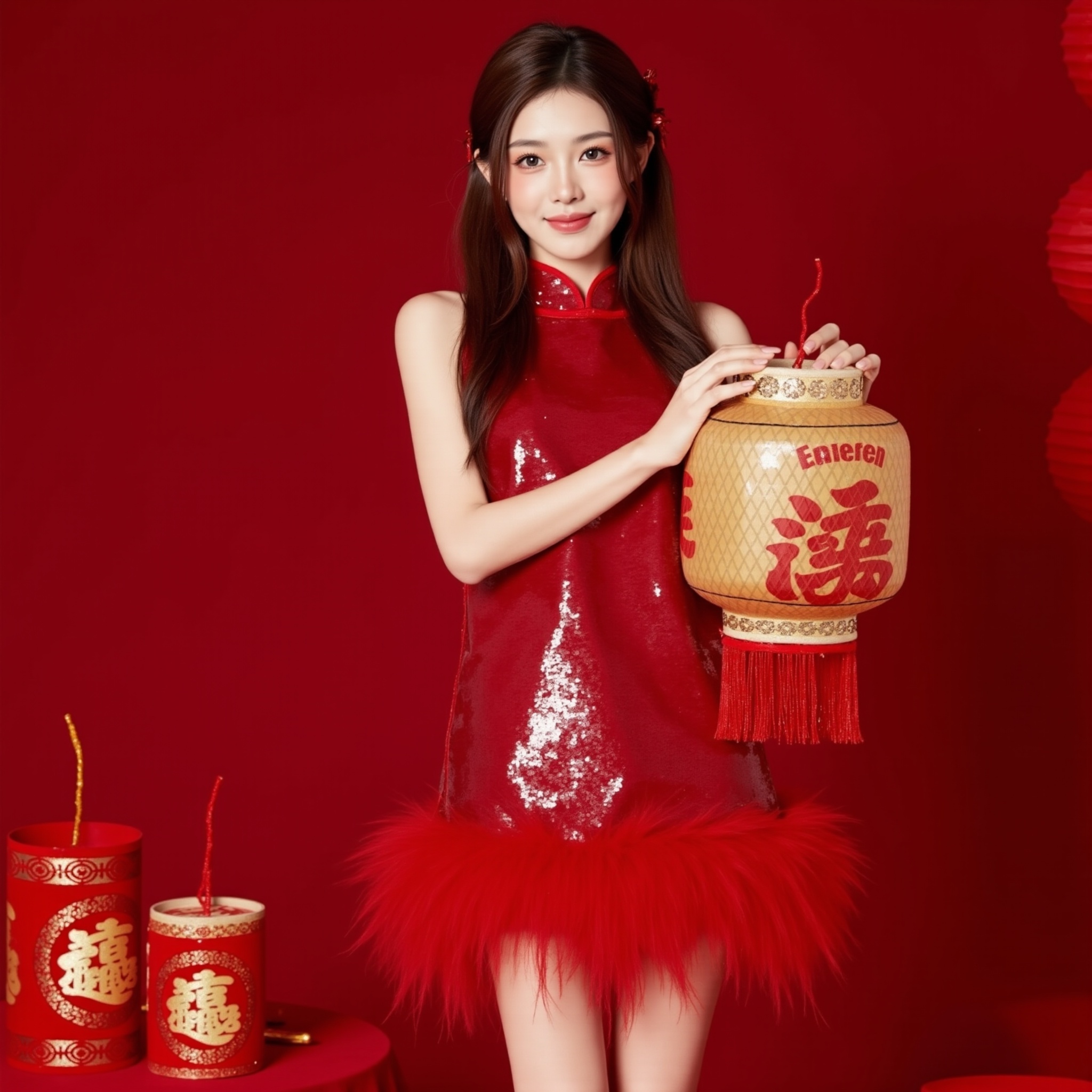 1girl,This is a photograph featuring a young Asian woman standing against a deep red background. She has a fair complexion, straight, long brown hair, and is wearing a vibrant red, sleeveless, high-necked dress with intricate white embroidery along the bodice and hem. The dress is made of shiny, sequined fabric that catches the light, giving it a luxurious appearance. She holds a large, traditional Chinese lantern with intricate red and gold designs, adorned with tassels and Chinese characters, in her right hand. Her expression is neutral, with a slight smile. The setting is minimalist, with the focus on the woman and the lantern. In the background, there are two more lanterns, one on the left and another on the right, both with similar designs to the one she holds. The floor and table are also covered in red fabric, enhancing the festive theme. The overall composition and color palette suggest a celebration, possibly related to Chinese New Year or a similar cultural event. <lora:新年摄影FLUX:0.9>
