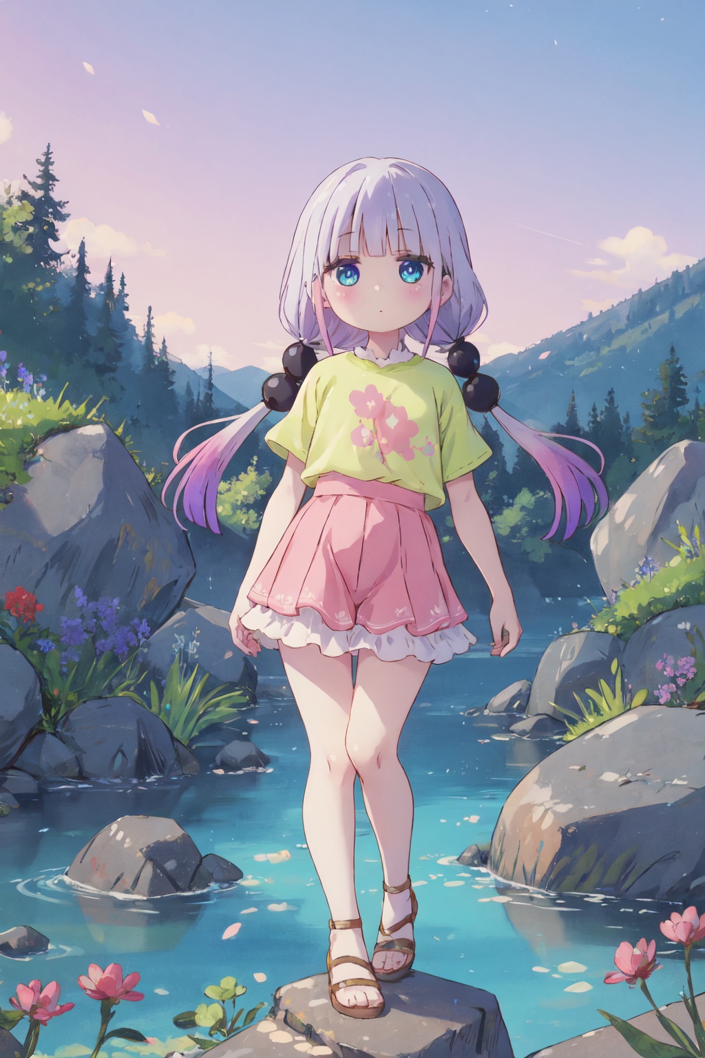 <lora:Kanna:0.9>,kanna cyql,1girl,looking at viewer,solo,long hair,purple hair,blunt bangs,twintails,low twintails,multicolored hair,blue eyes,child,Cropped frilled shirt matched with a tiered ruffle long skirt and flat sandals,light_blush,upper_body,Trickling through the mountains, the clear stream allows a view of its pebbled bed, surrounded by clusters of wildflowers along its banks and moss-covered rocks. Occasionally,(Grapevines, Harvested grapes, Vineyard rows, Wooden barrels, Harvest festival, Golden hour:0.5),beautiful detailed sky,beautiful detailed glow,posing in front of a colorful and dynamic background,masterpiece,best quality,beautiful and aesthetic,contrapposto,female focus,wallpaper,