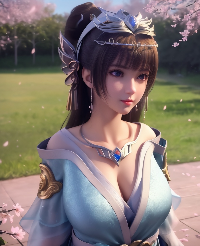 <lora:568-DA-星辰变-姜妍:0.8>(,1girl, ,best quality, ),looking at viewer,  ultra detailed background,ultra realistic 8k cg,ultra detailed 8k cg,masterpiece,upper body,  (( , )),, ,science fiction,mole, ultra realistic 8k cg, ,    ,outdoors, sun,sunlight, cherry blossoms,      (cleavage), (),