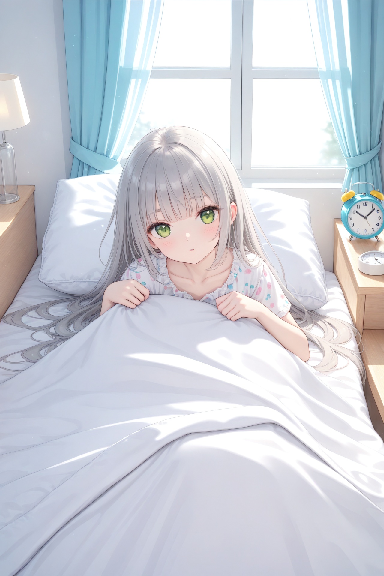 (masterpiece),(best quality),illustration,ultra detailed,hdr,Depth of field,(colorful),loli,1girl,clock,solo,alarm clock,under covers,green eyes,bed,long hair,pillow,indoors,sunlight,curtains,pajamas,grey hair,blanket,window,collarbone,bangs,