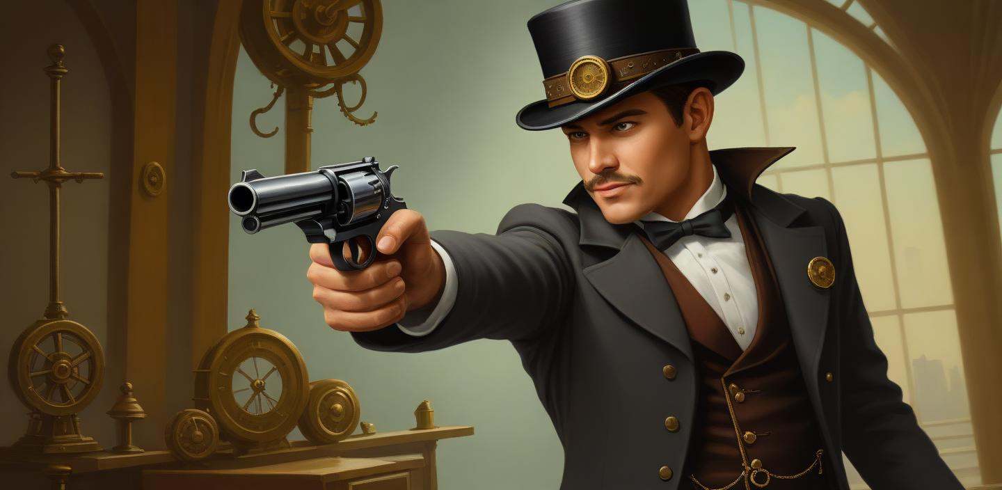 oil painting \(medium\), 1950s \(style), (steampunk:2.0), 1boy, muscular male, (facial hair:1.5), holding gun, aiming, (trigger discipline:1.4), revolver, bowler hat, pants, indoors, clock, gears