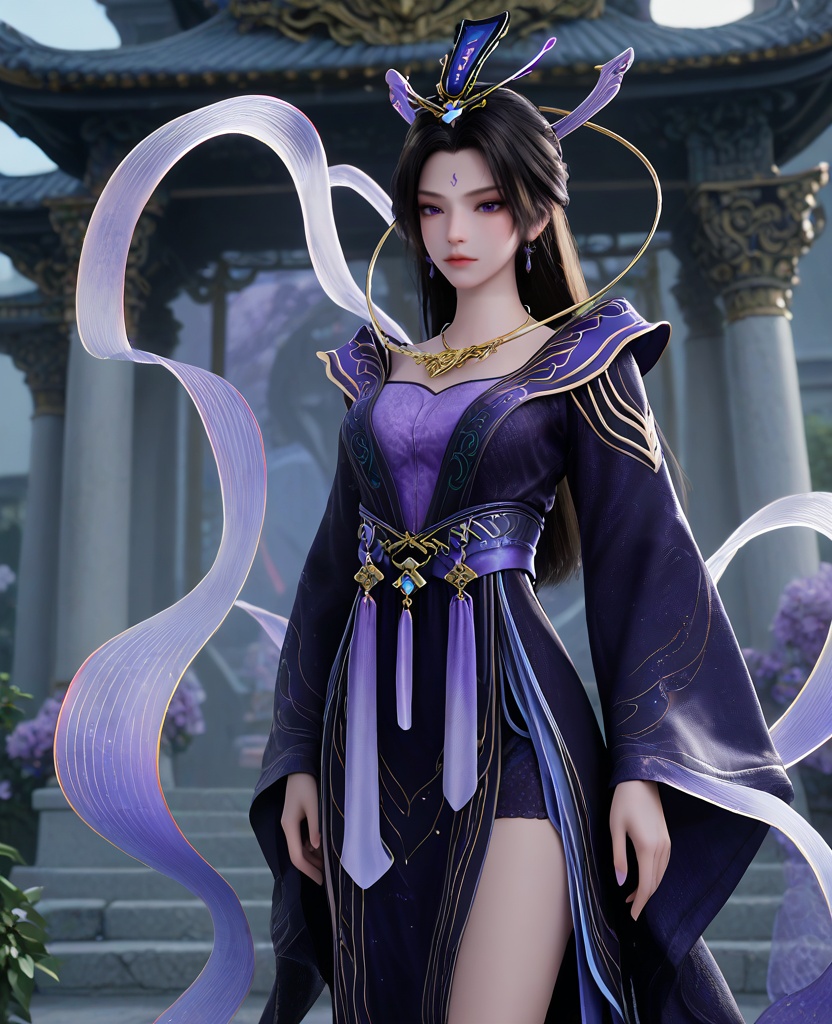 (oriental architecture, elegant decor, sophisticated style:1.1),(shushing:1.1),(breasts:1.2),<lora:XL16遮天紫府圣女紫霞:0.95>,miss zixia,atropurpureus dress,violet camisole,blue violet petticoat,amaranth eyes,forehead mark,black hair,very long hair,half-up crown ponytail,hair ornament,necklace,earrings,sash,wide sleeves,silk shawl,pelvic curtain,, score_9,score_8_up,score_7_up,score_6_up,score_5_up,score_4_up,3d rendering,tag1,tag2, Cinematic Lighting,backlighting,