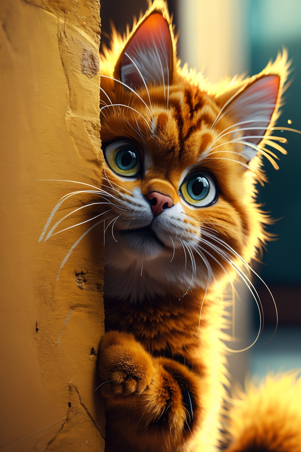 masterpiece,best quality,solo, peeking out, blurry, no humans, animal, cat, yellow background, animal focus, Garfield