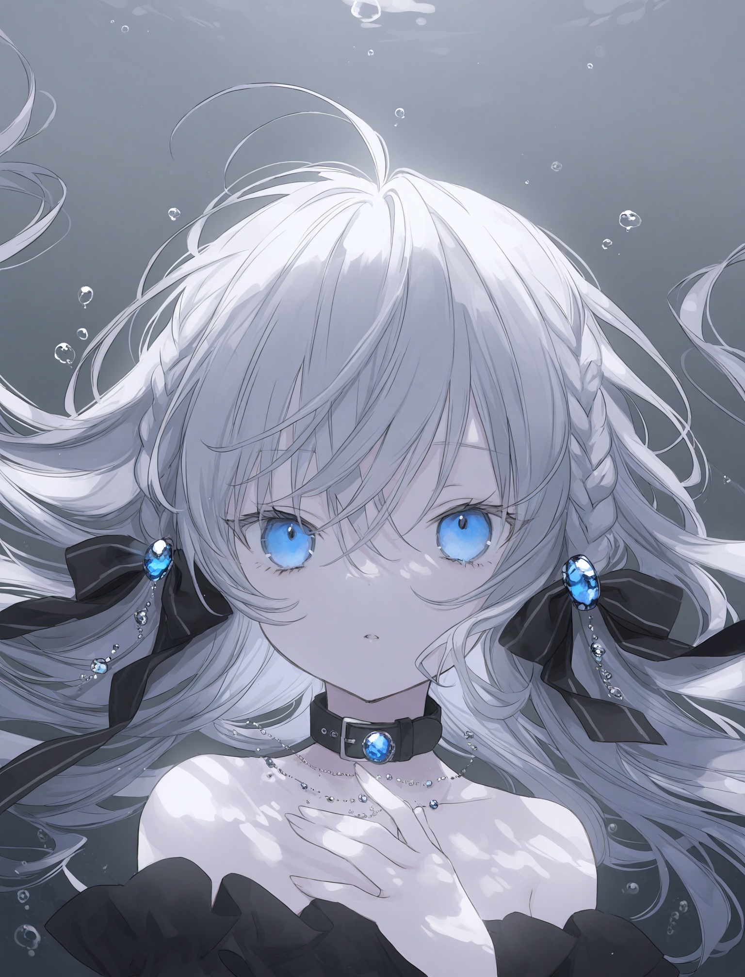 masterpiece,absurdres,best quality,loli,petite,high quality,chromatic_aberration,//,1girl, solo, long_hair, blue_eyes, braid, ribbon, jewelry, hair_between_eyes, black_ribbon, hair_ribbon, parted_lips, off-shoulder_dress, bubble, detached_collar, looking_at_viewer, black_dress, dress, off_shoulder, ahoge, gem, floating_hair, underwater, blue_gemstone, collar, white_hair, hair_bow, air_bubble, necklace, hand_up, portrait, bow, black_bow, bare_shoulders, grey_background, grey_hair, upper_body, brooch, black_collar//,<lora:guimao2025.10.24——【noob】hans:1>,