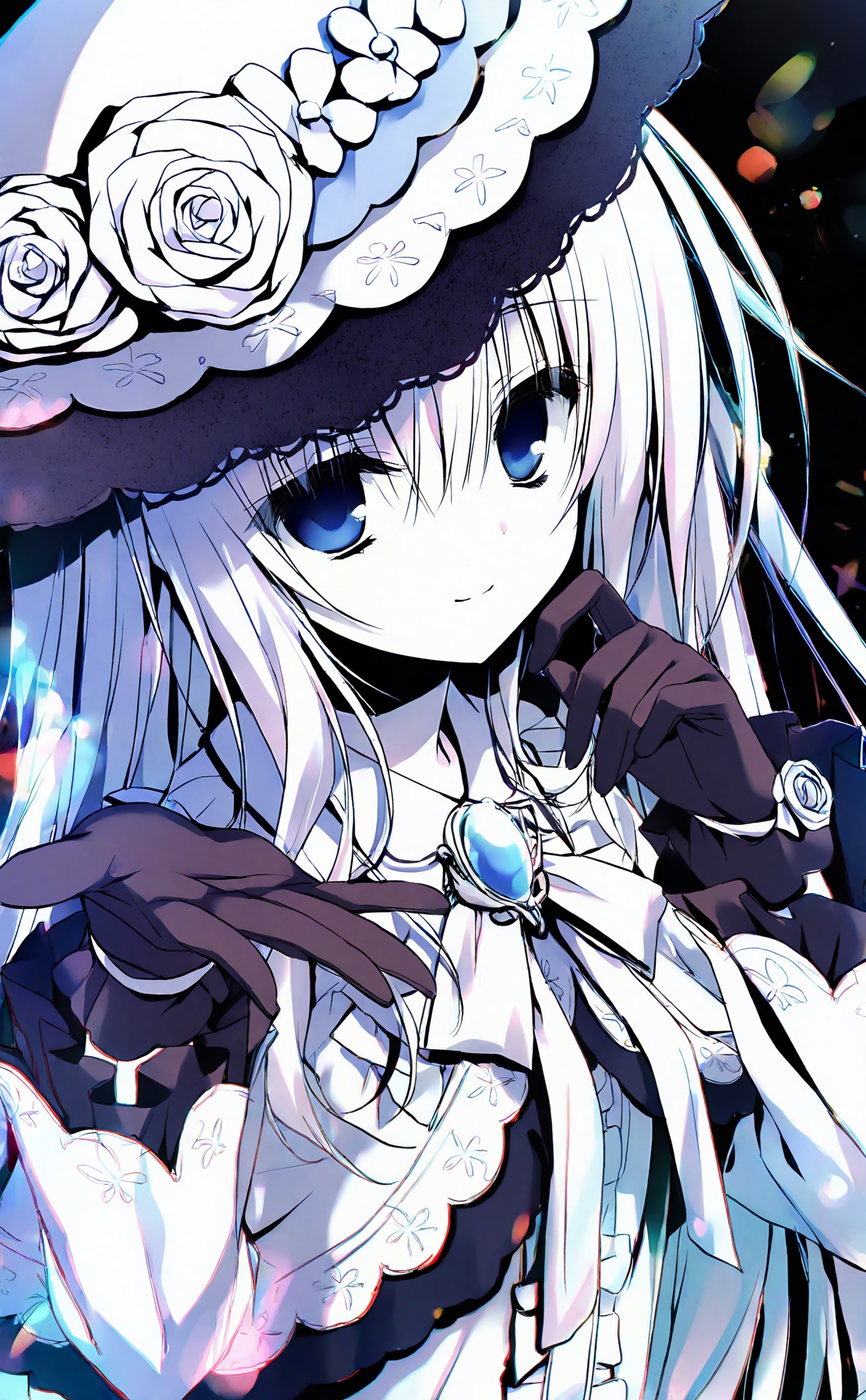 masterpiece,highres,absurdres,newest,best quality,loli,petite,high quality,chromatic_aberration,//,1girl,black_background,black_gloves,blue_eyes,brooch,chinese_commentary,closed_mouth,commentary_request,empty_eyes,expressionless,flower,frilled_sleeves,frills,gloves,hair_between_eyes,hands_up,hat,hat_flower,highres,jewelry,long_hair,long_sleeves,looking_at_viewer,mahou_shoujo_no_majo_saiban,neck_ribbon,ribbon,rose,simple_background,smile,solo,spoilers,tsukishiro_yuki,upper_body,white_flower,white_hair,white_hat,white_ribbon,white_rose,you_de_cong_yu,//,hashimoto takashi,(Artist:yuzuna_hiyo:0.5),(Artist:courreges_ace:0.4),(Artist:inugami kira:0.5),(Artist:kobuichi:0.66),(Artist:muririn:0.4),(Artist:kimishima_ao:0.8),(Artist:ameto_yuki:0.45),(artist:izumi_tsubasu:0.5),//,highres,HDR,8K,high contrast,illustration,depth of field,(colorful),Tyndall effect,contrast,lens flare,//,//,<lora:tsukishiro_yuki2——【noob】hans:1>,