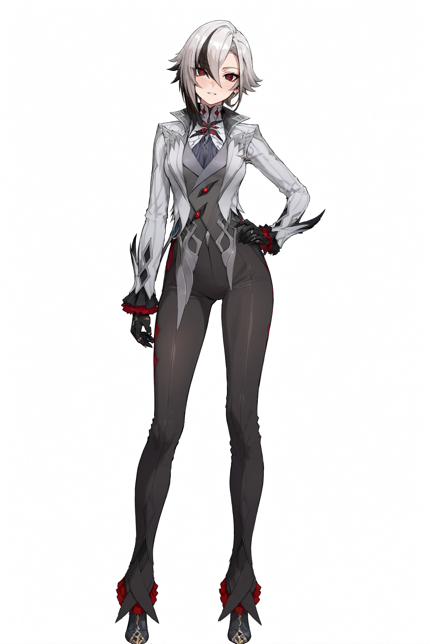 score_9,score_8_up,score_7_up,score_6_up,8k,best quality,masterpiece,(ultra-detailed:1.1),(high detailed skin),(full body:1.4),white background,standing,looking at viewer,(solo:1.4),hand on hip,<lora:Arlecchino-A3-Tanger:0.8>,Arlecchino,def clothes,1girl,x-shaped pupils,red pupils,black gloves,pants,symbol-shaped pupils,(white background, simple background:1.3),(beautiful_face),((intricate_detail)),clear face,((finely_detailed)),fine_fabric_emphasis,((glossy)),full_shot,