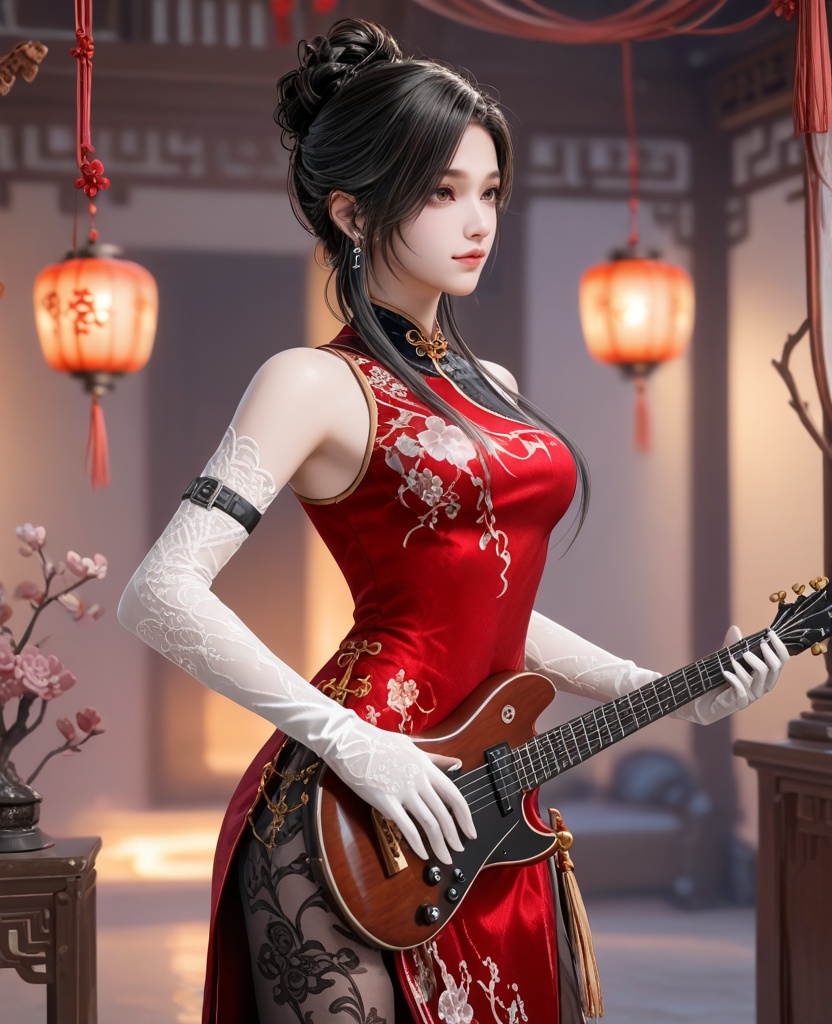 (oriental architecture, elegant decor, sophisticated style:1.1),(playing the guitar:1.1),(breasts:1.2),<lora:XL16永劫无间顾清寒皮肤冰凌:0.95>,miss guqinghan,red china dress,brown eyes,black hair,single updo with long front strands,white elbow gloves,black pantyhose with floral embroidery,side slit,, score_9,score_8_up,score_7_up,score_6_up,score_5_up,score_4_up,3d rendering,tag1,tag2, Cinematic Lighting,backlighting,