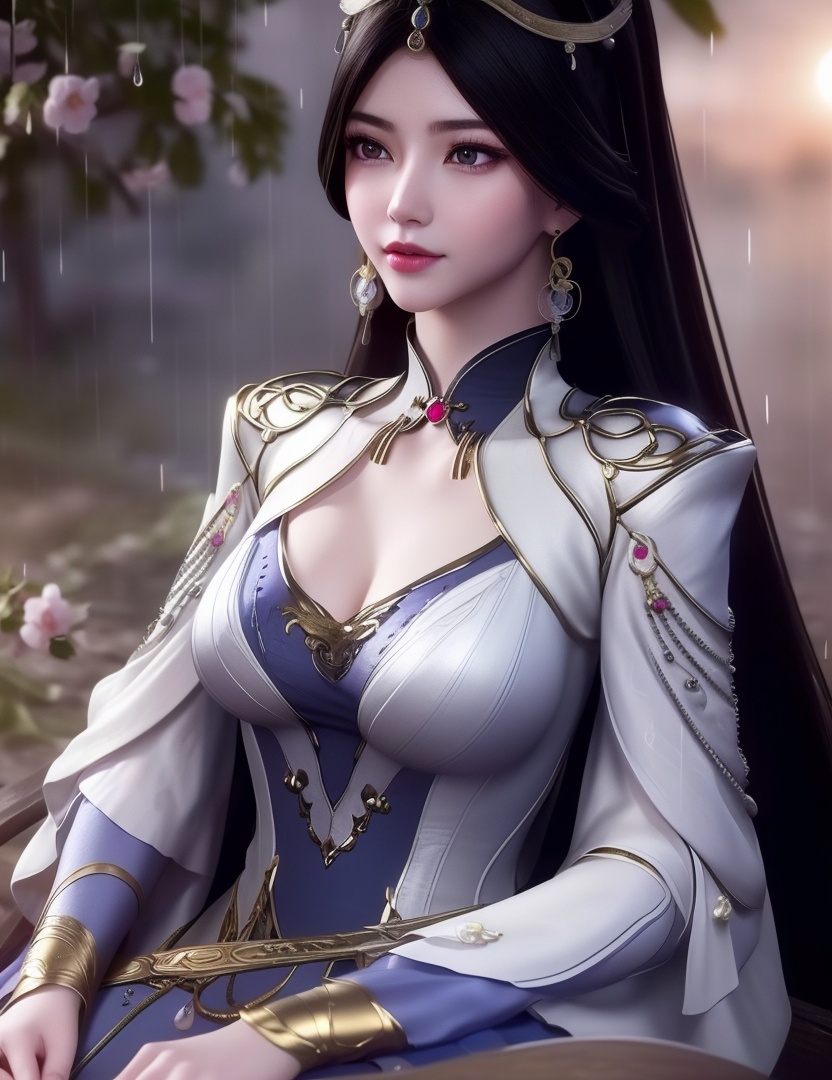 <lora:510-DA-万古狂帝-秋清儿:0.8>(,1girl, ,best quality, ),looking at viewer,  ,,ultra detailed 8k cg, ultra detailed background ,ultra realistic 8k cg,          cinematic lighting, cinematic bloom, (( , )),,  , unreal, science fiction,  luxury, jewelry, diamond, pearl, gem, sapphire, ruby, emerald, intricate detail, delicate pattern, charming, alluring, seductive, erotic, enchanting, hair ornament, necklace, earrings, bracelet, armlet,halo,masterpiece, (( , )),, realistic,science fiction,mole,   ,cherry blossoms,,(((Best quality, masterpiece, ultra high res, (photorealistic:1.4), raw photo, 1girl, ,rain, , sunlight, sunset, qianqiu wanxia,     )))  (cleavage), (),