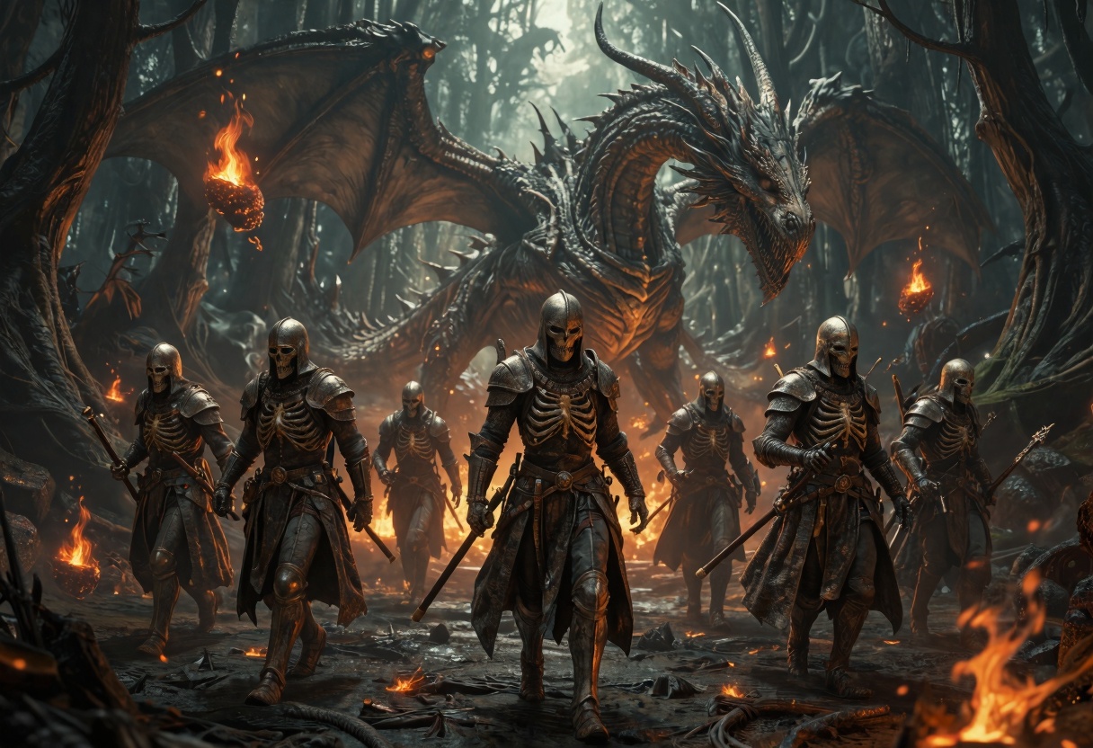 army of skeletons with medieval armors marching through the dark enchanted forest,  floating fires everywhere,  big skelet...
