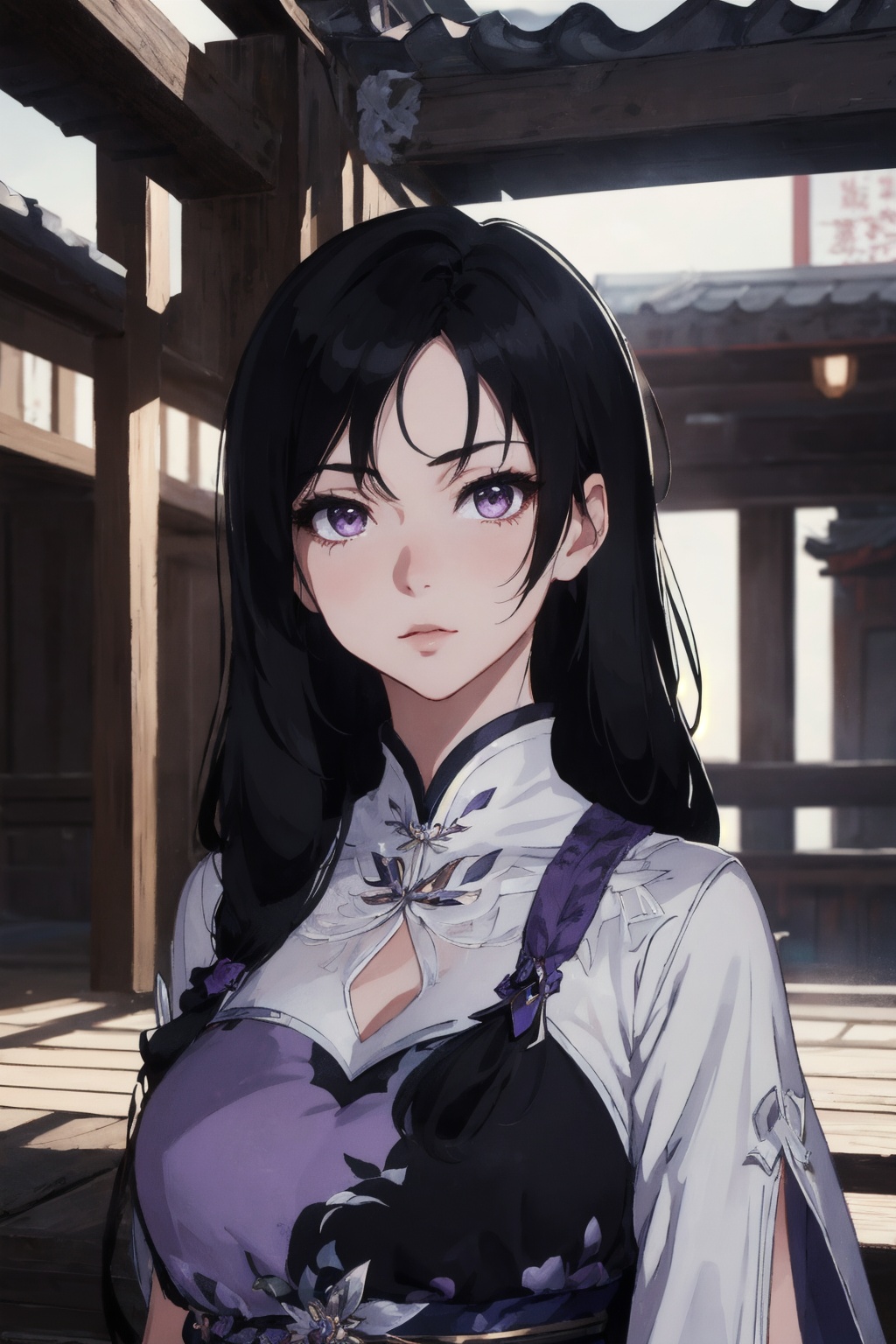 masterpiece,best quality,extremely detailed 8K wallpaper,1girl,lingyueru,black hair,long hair,purple dress,looking at viewer,upper body,