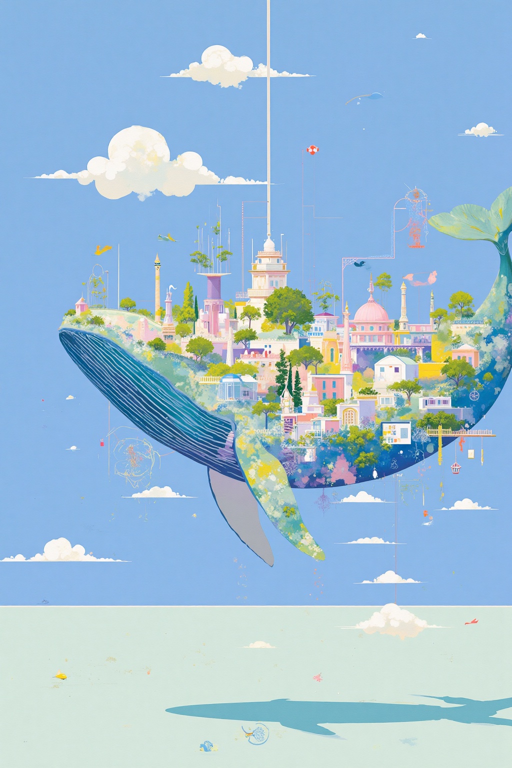 beijihui,Captured at eye-level, a painting of a whale, soaring through the air, its tail trailing trailing behind it. The whale's tail is adorned with a vibrant array of colors, including blue, green, yellow, pink, and purple. The sky is a deep blue, dotted with white clouds, adding a pop of color to the scene. The water beneath the whale is a light blue, creating a stark contrast to the blue sky.