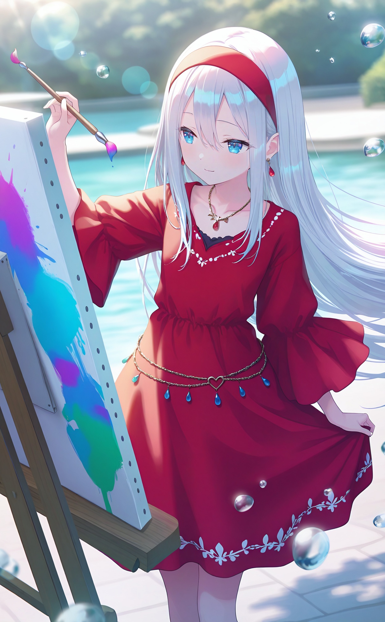 masterpiece,very aware,highres,absurdres,newest,best quality,(loli),petite,high quality,chromatic_aberration,White Theme,nsfw,//,1girl,solo,long_hair,jewelry,yoisaki_kanade,blue_eyes,necklace,hairband,blurry,dress,very_long_hair,long_sleeves,hair_between_eyes,water_drop,earrings,closed_mouth,blurry_background,canvas_\(object\),smile,holding,collarbone,painting_\(object\),straight_hair,wide_sleeves,light_smile,standing,floating_hair,paintbrush,grey_hair,looking_to_the_side,depth_of_field,white_hair,red_dress,belly_chain,painting_\(action\),//,artist:luvluvvox,artist:fukai ryosuke,[artist:Torino aqua],artist:minato hitori,hiten_(hitenkei)//,absurdres,newest,very aesthetic,amazing quality,highres,sensitive,ultra detailed,best anatomy,HDR,8K,high detail RAW color art,high contrast,illustration,depth of field,(colorful),phenomenal aesthetic,detailed light,blurred picture,Tyndall effect,contrast,lens flare,cinematic lighting,//,<lora:PVC5——【noob】hans:0.3>,<lora:konya_karasue——【noob】hans:0.5>,<lora:pjsk-noob-hans:0.65>,