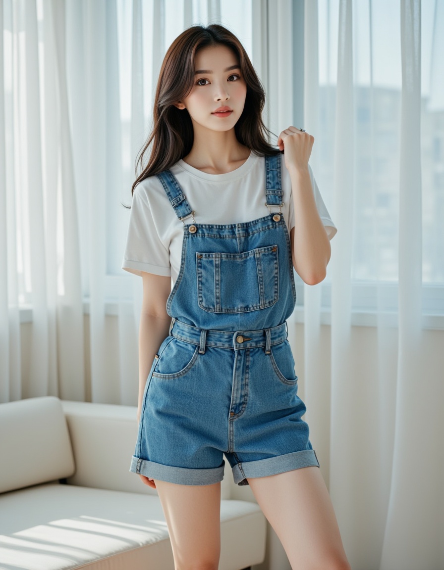 a real picture of a south korea woman,n(denim overall shorts),