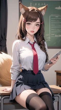 (best quality), ((masterpiece)), (highres), illustration, original, extremely detailed,1girl, long hair, solo, phone, pink panties, pantyshot, panties, cellphone, animal ears, heart hair ornament, ahri \(league of legends\), tail, underwear, skirt, thighhighs, breasts, school uniform, facial mark, sitting, heart, on desk, fox ears, desk, fox tail, school desk, hair ornament, yellow eyes, multiple tails, smartphone, red hair, sitting on desk, whisker markings, looking at viewer, large breasts, black thighhighs, hairclip, holding phone, copyright name, swept bangs, necktie, bangs, bag, parted lips, pleated skirt, holding, miniskirt, character name
