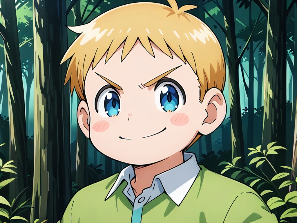 <lora:Gawain_XL:1>,1boy,solo,blonde hair,white shirt,male focus,shirt,smile,looking at viewer,blush stickers,nature,closed mouth,forest,short hair,v-shaped eyebrows,blue eyes,outdoors,tree,upper body,blush,